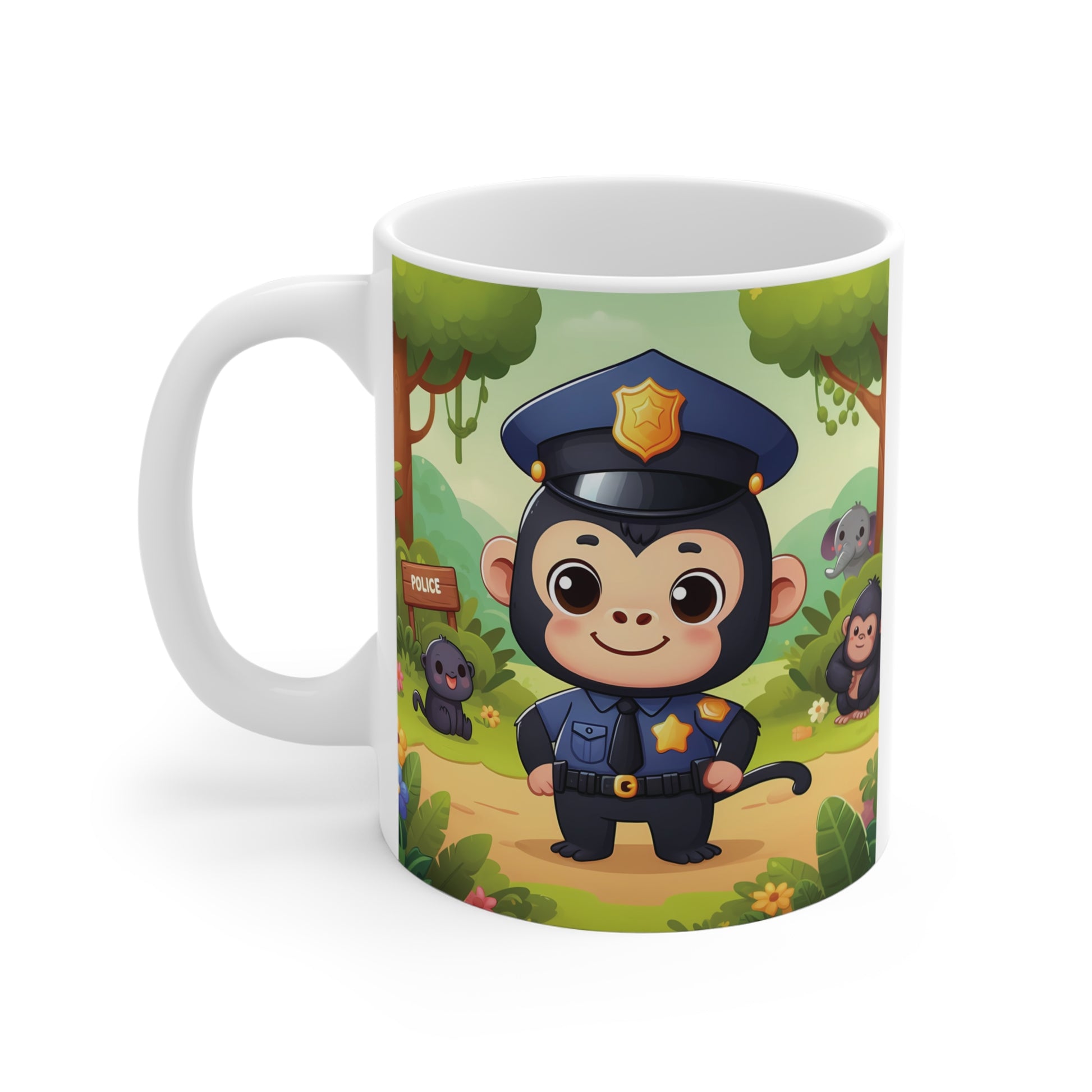 Cute cartoon monkey police officer mug with jungle animals, kids friendly animal illustration coffee cup