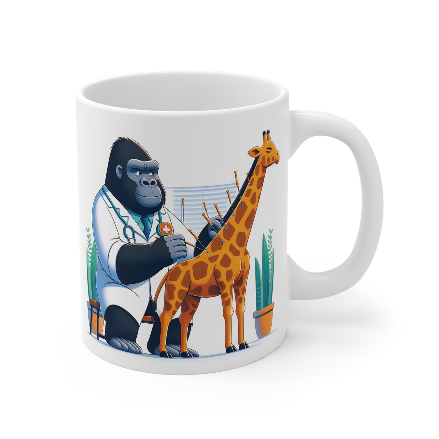 Gorilla veterinarian performing acupuncture on zebra mug, funny animal doctor coffee cup, unique novelty gift