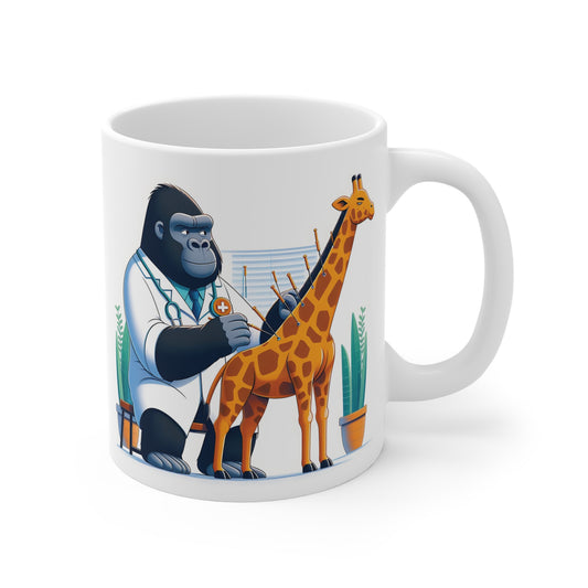 Gorilla veterinarian performing acupuncture on zebra mug, funny animal doctor coffee cup, unique novelty gift