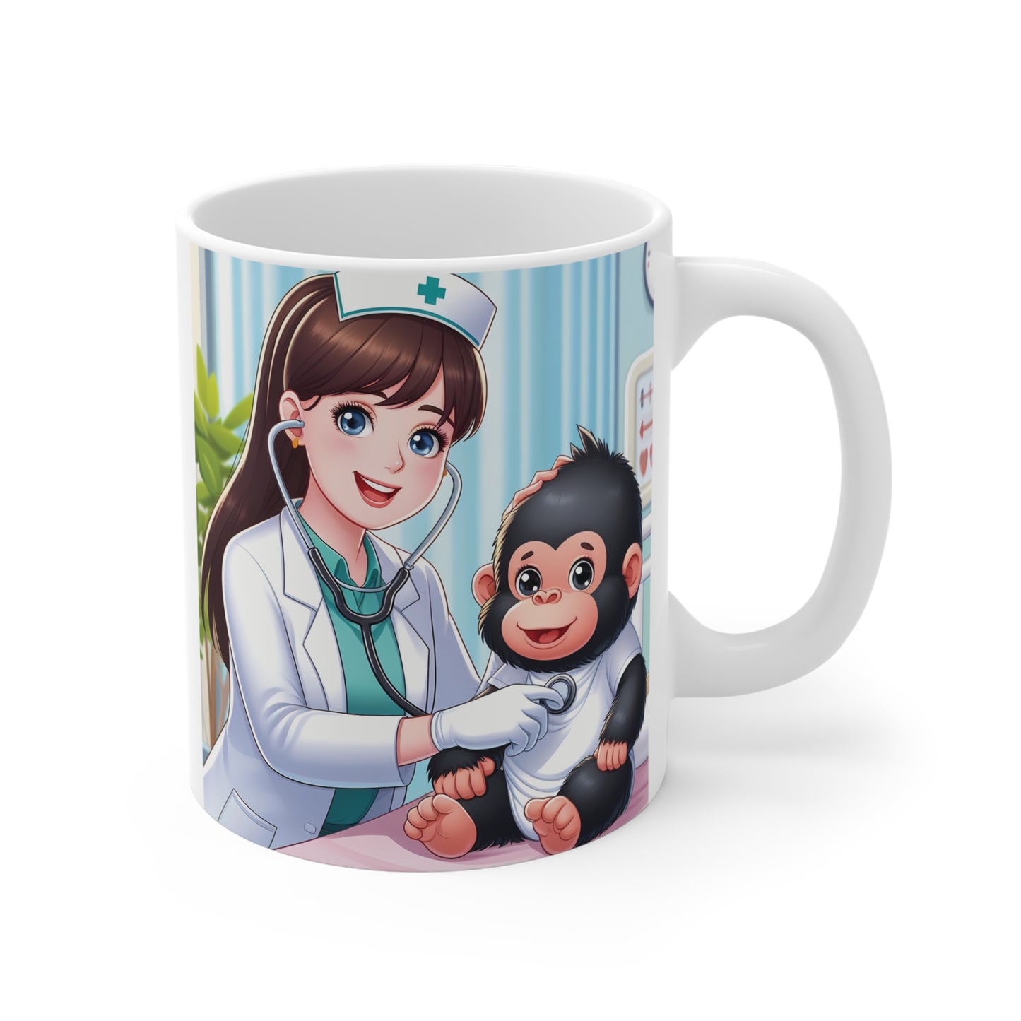 Cute nurse cartoon examining baby gorilla with stethoscope on 11oz coffee mug, medical theme design”
