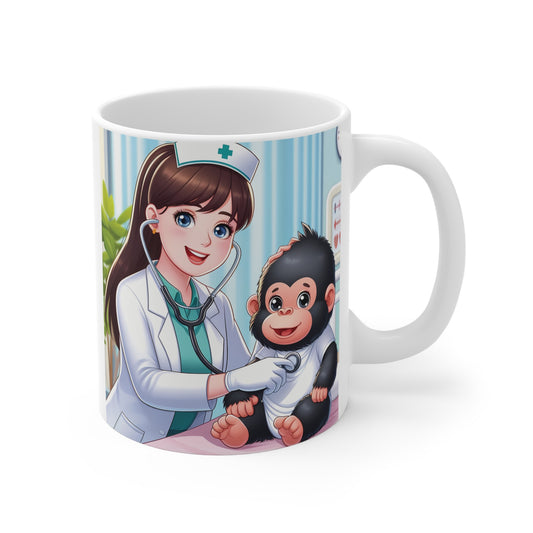 Cute nurse cartoon examining baby gorilla with stethoscope on 11oz coffee mug, medical theme design”