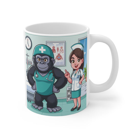 Cartoon nurse and gorilla doctor in hospital setting on medical themed coffee mug illustration”