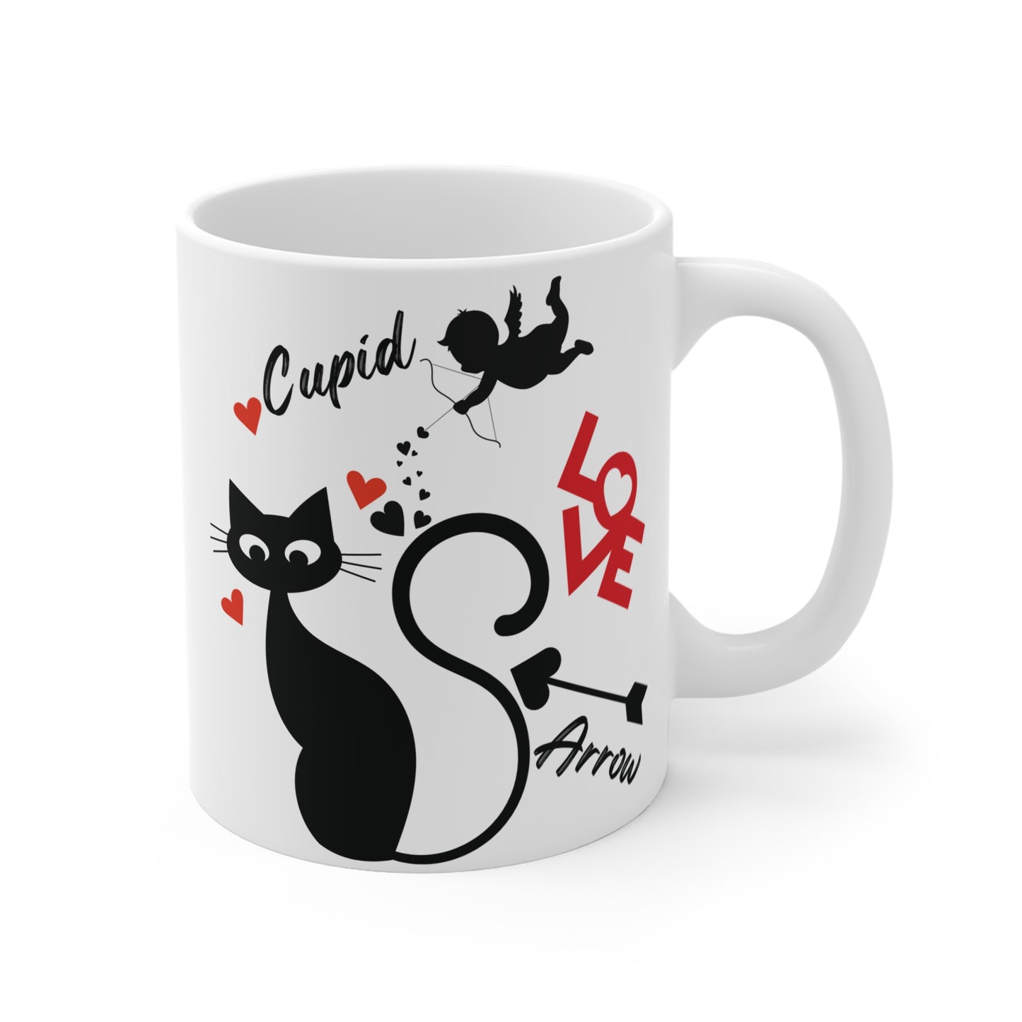 Minimalist cat and cupid mug with love text and heart arrows, funny romantic gift for cat lovers