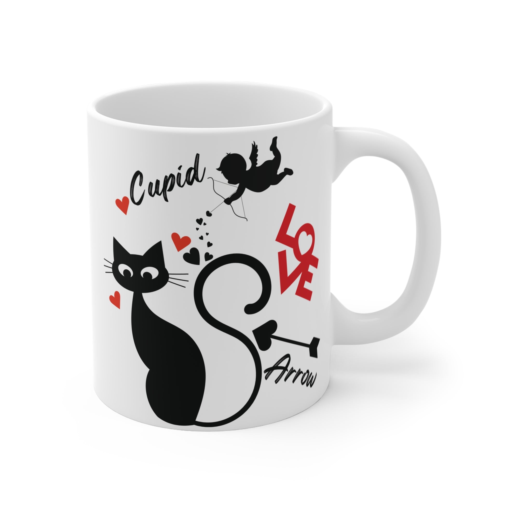 Minimalist cat and cupid mug with love text and heart arrows, funny romantic gift for cat lovers