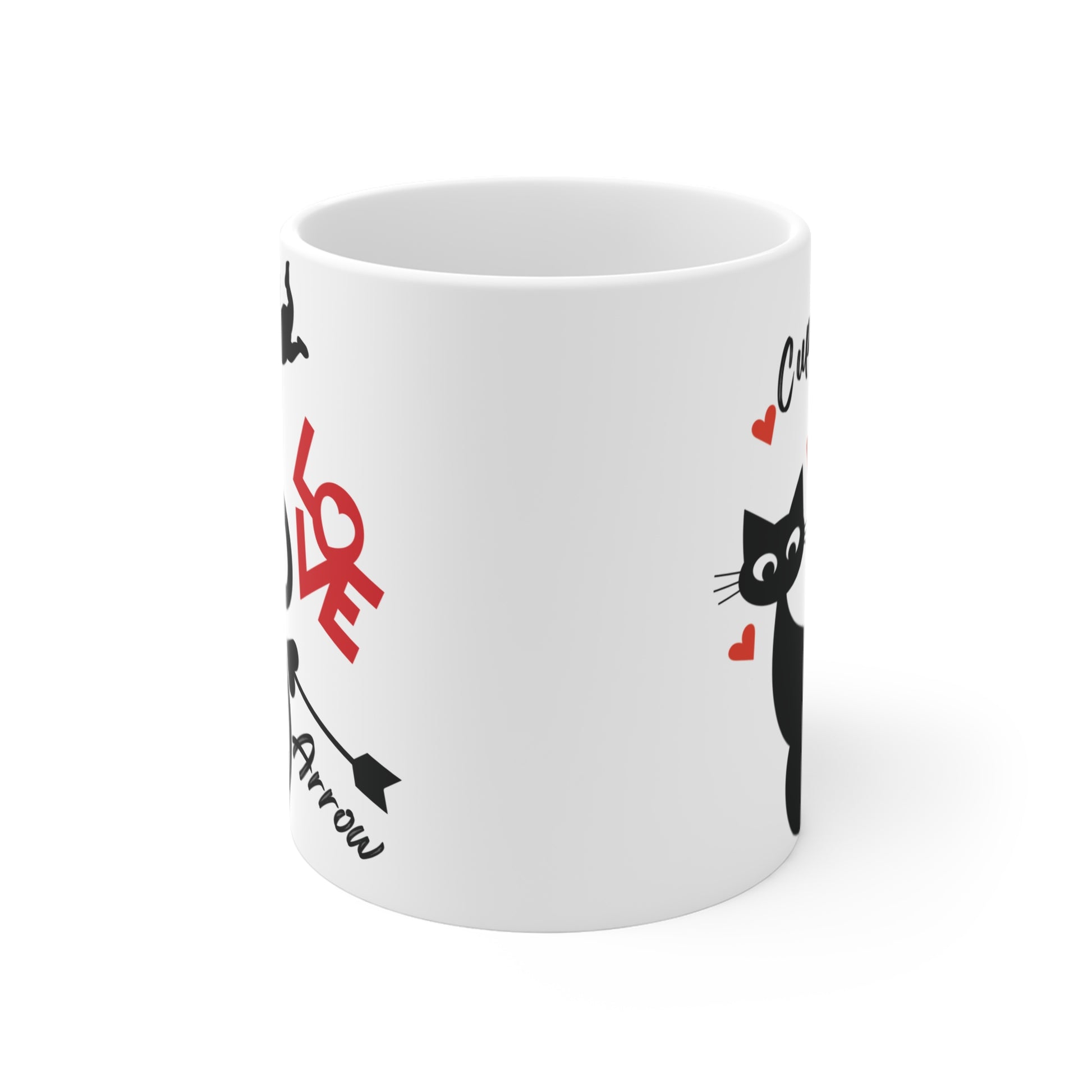 Cute black cat cupid love mug with heart arrows, romantic Valentine’s Day coffee cup design