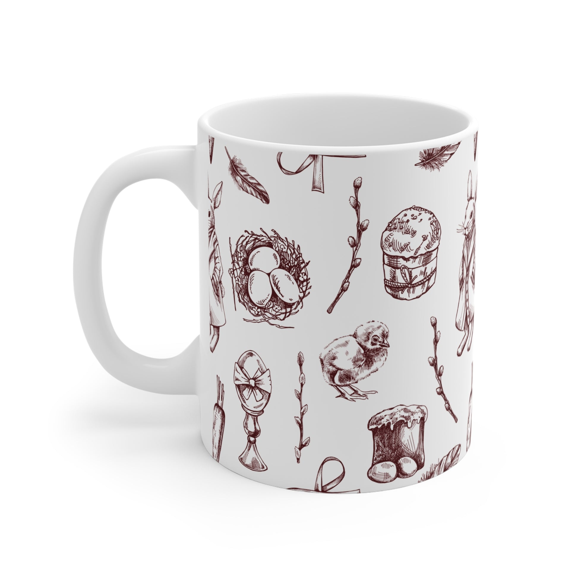 All-over print wrap around mug with antique style sketches, woodland rabbit and botanical pattern aesthetic design