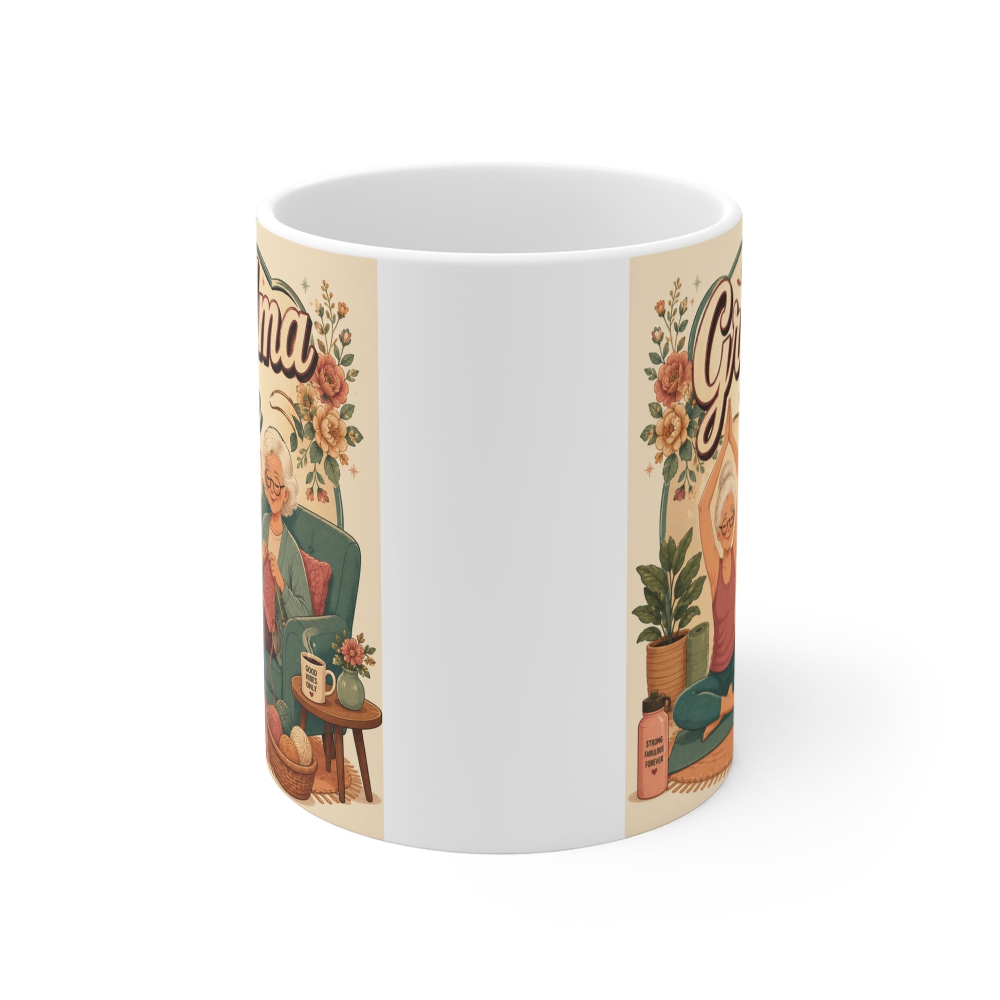 Cute grandma coffee mug gift featuring relaxing grandmother lifestyle artwork