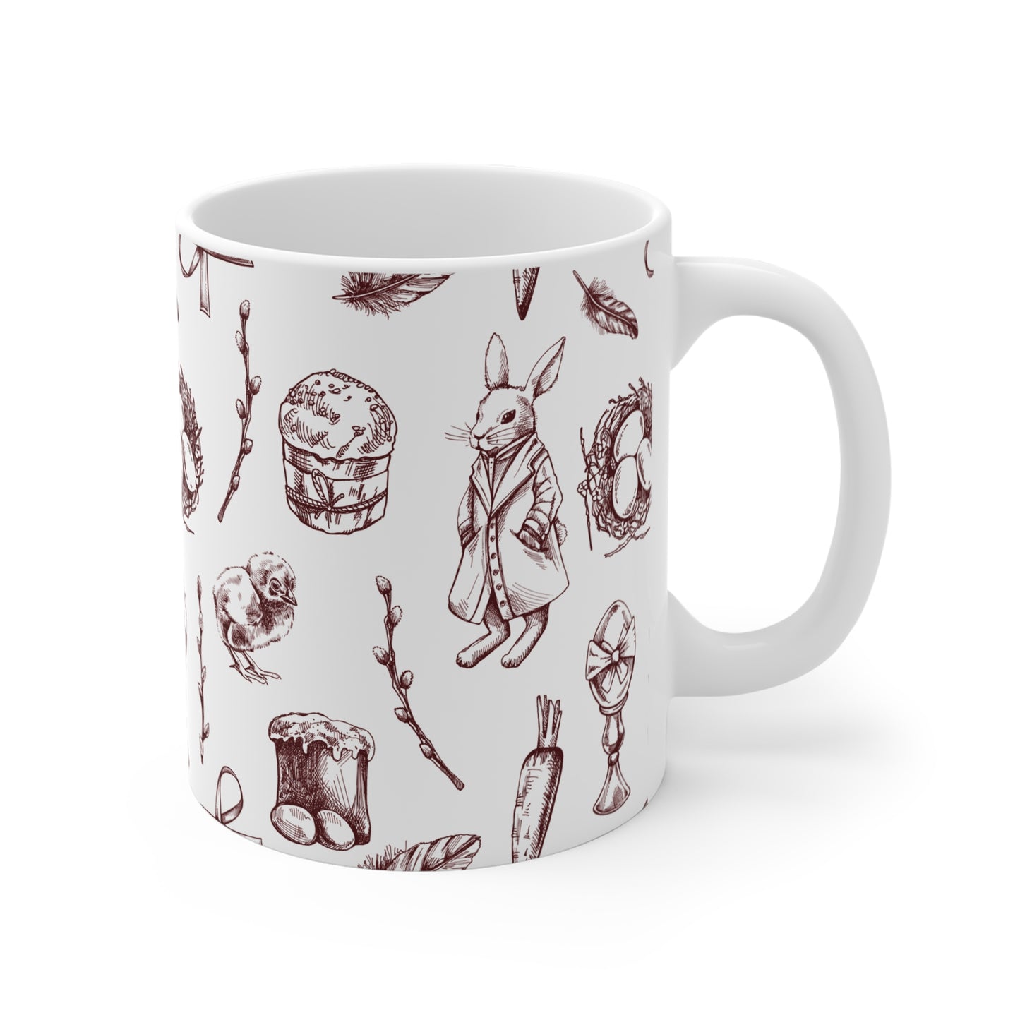 Full wraparound mug with detailed vintage line art pattern, featuring rabbit, wreath, feathers and rustic nature-inspired illustrations