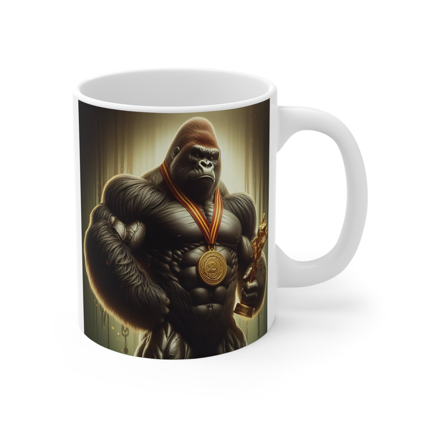 Muscular gorilla wearing a gold medal and holding a trophy featured on a white ceramic coffee mug.