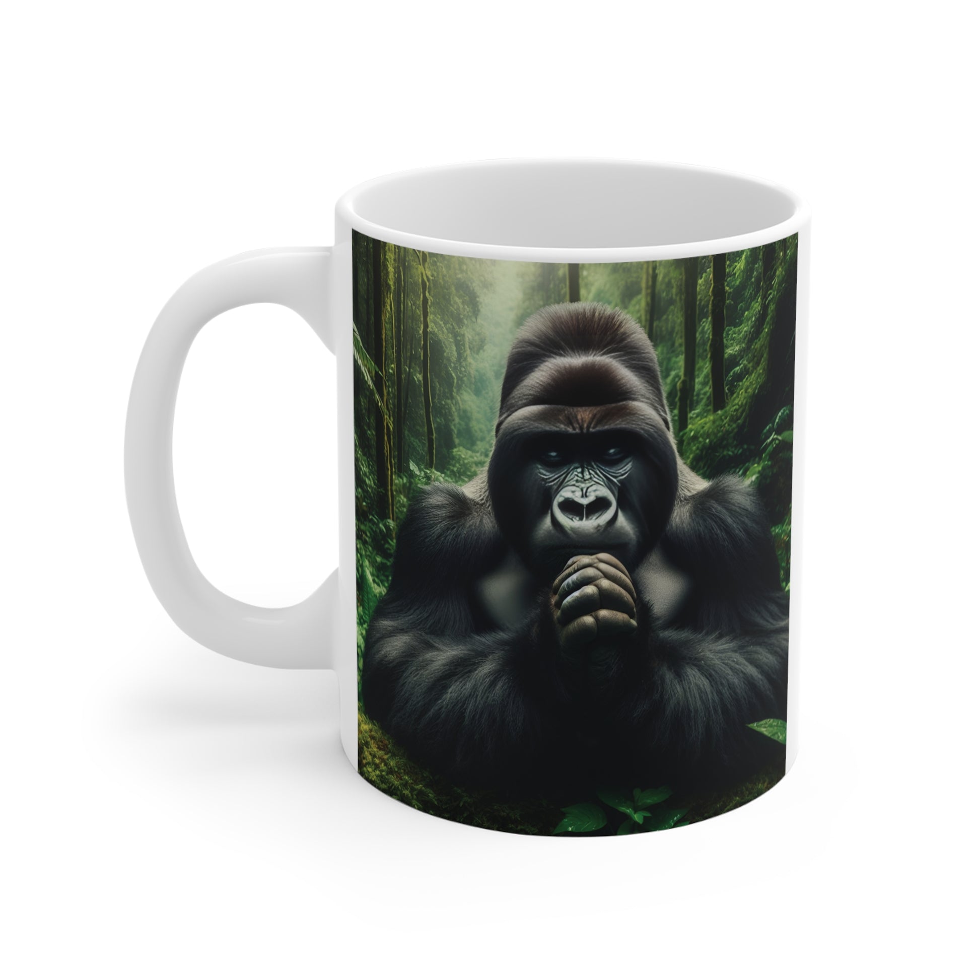 Wildlife coffee mug showcasing a majestic silverback gorilla in a rainforest setting, perfect for animal and nature lovers.