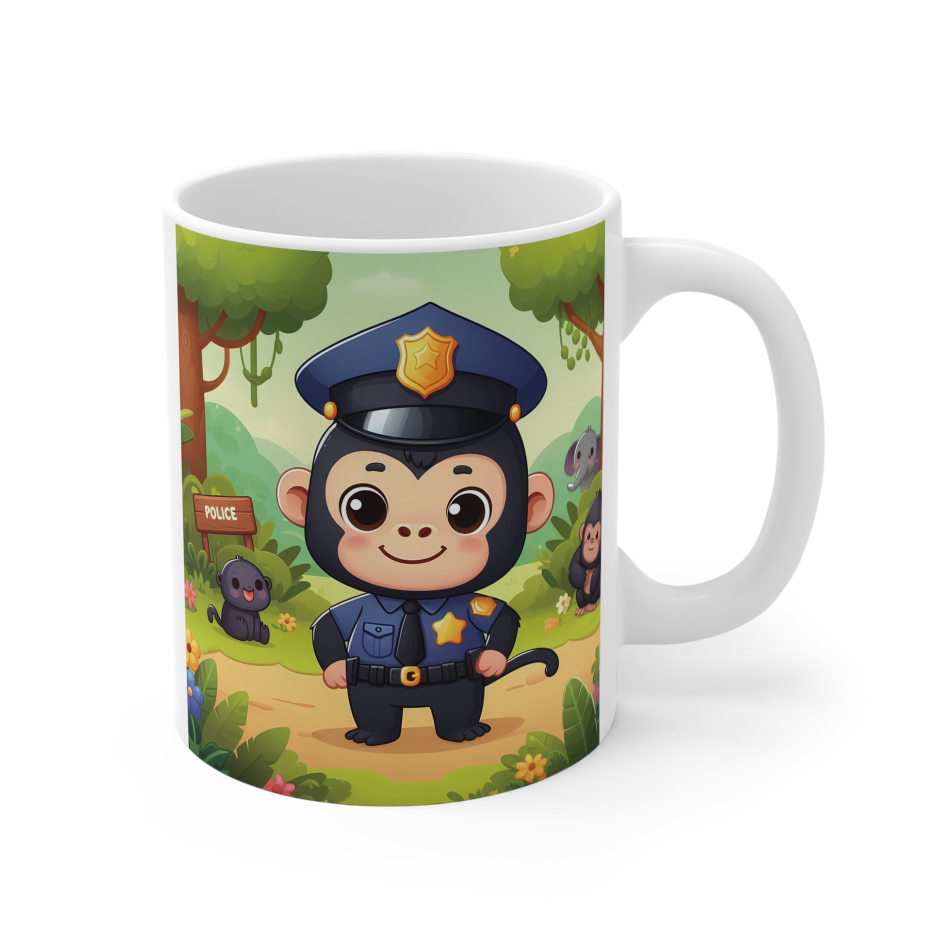 Adorable monkey cop mug design featuring cartoon jungle scene with elephant and animals, fun kids gift idea