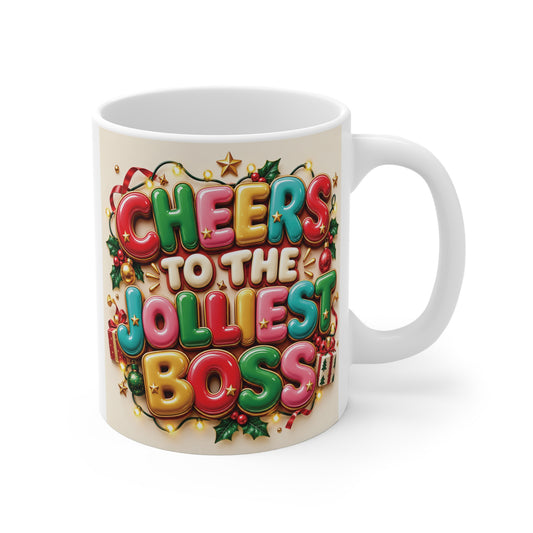 White 11oz ceramic Christmas coffee mug featuring colorful 3D-style Cheers to the Jolliest Boss lettering with festive holiday decorations.