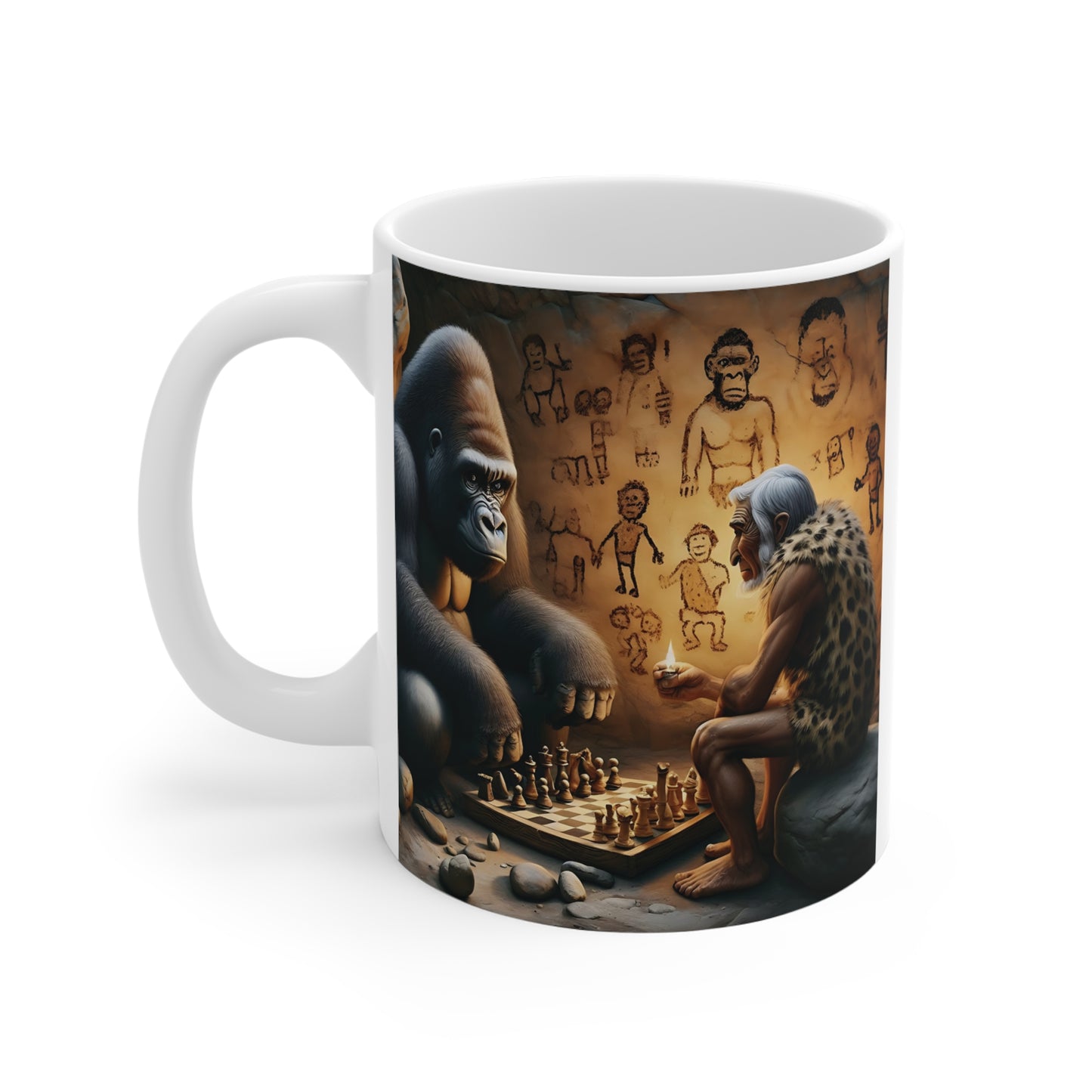 Surreal gorilla vs caveman chess match illustrated on ceramic mug with stone age cave background and firelight