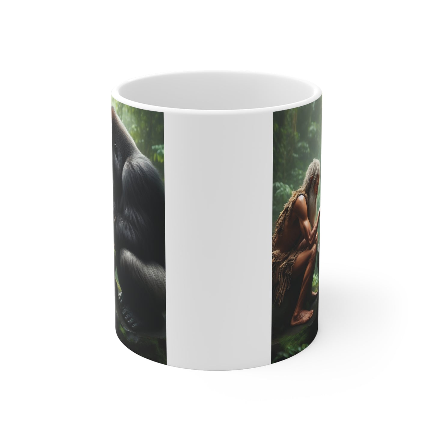 Artistic gorilla chess coffee mug with cinematic jungle artwork showing a primitive man and ape facing off over a chessboard, perfect for animal and strategy game lovers