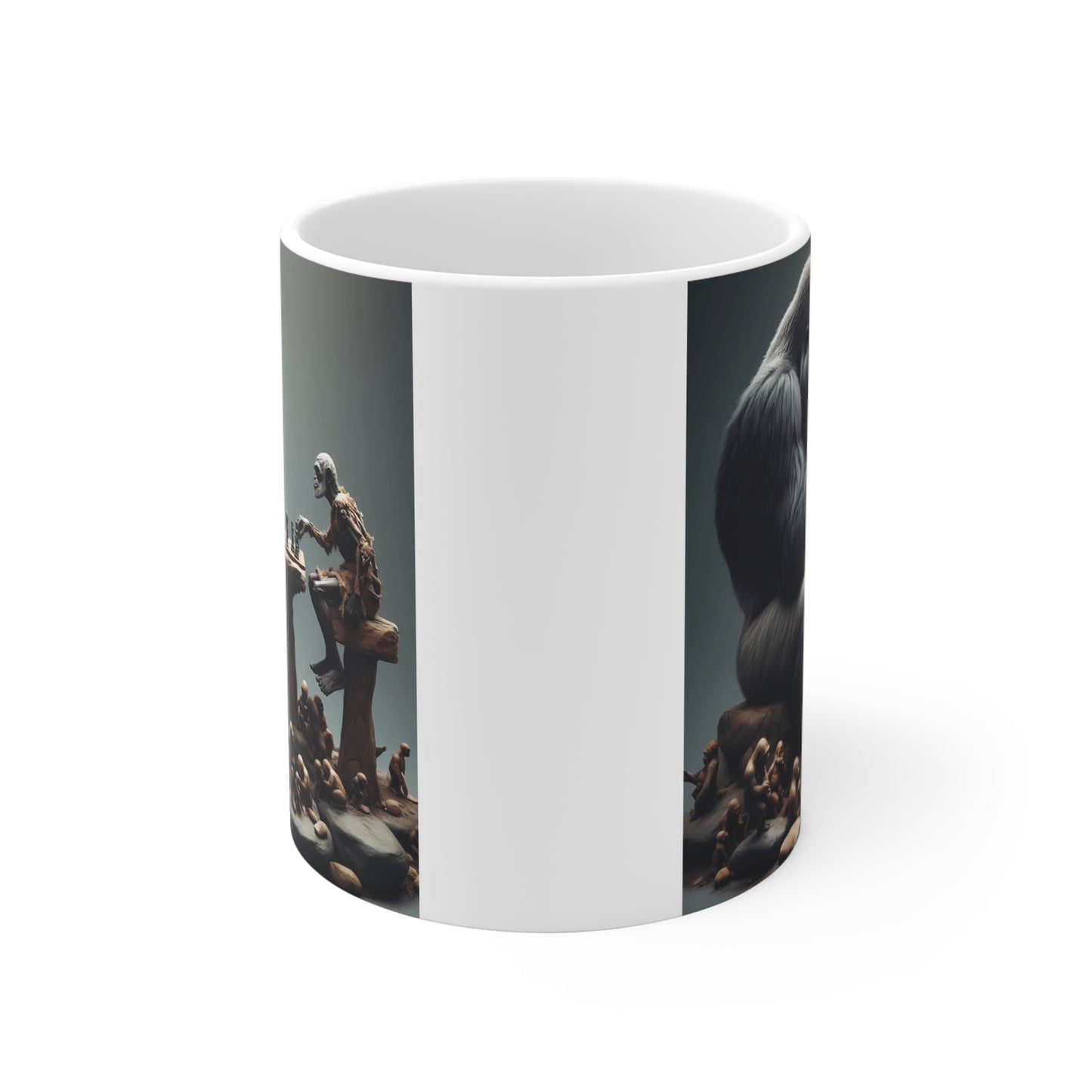 Animal mug featuring gorilla versus skeleton chess game artwork