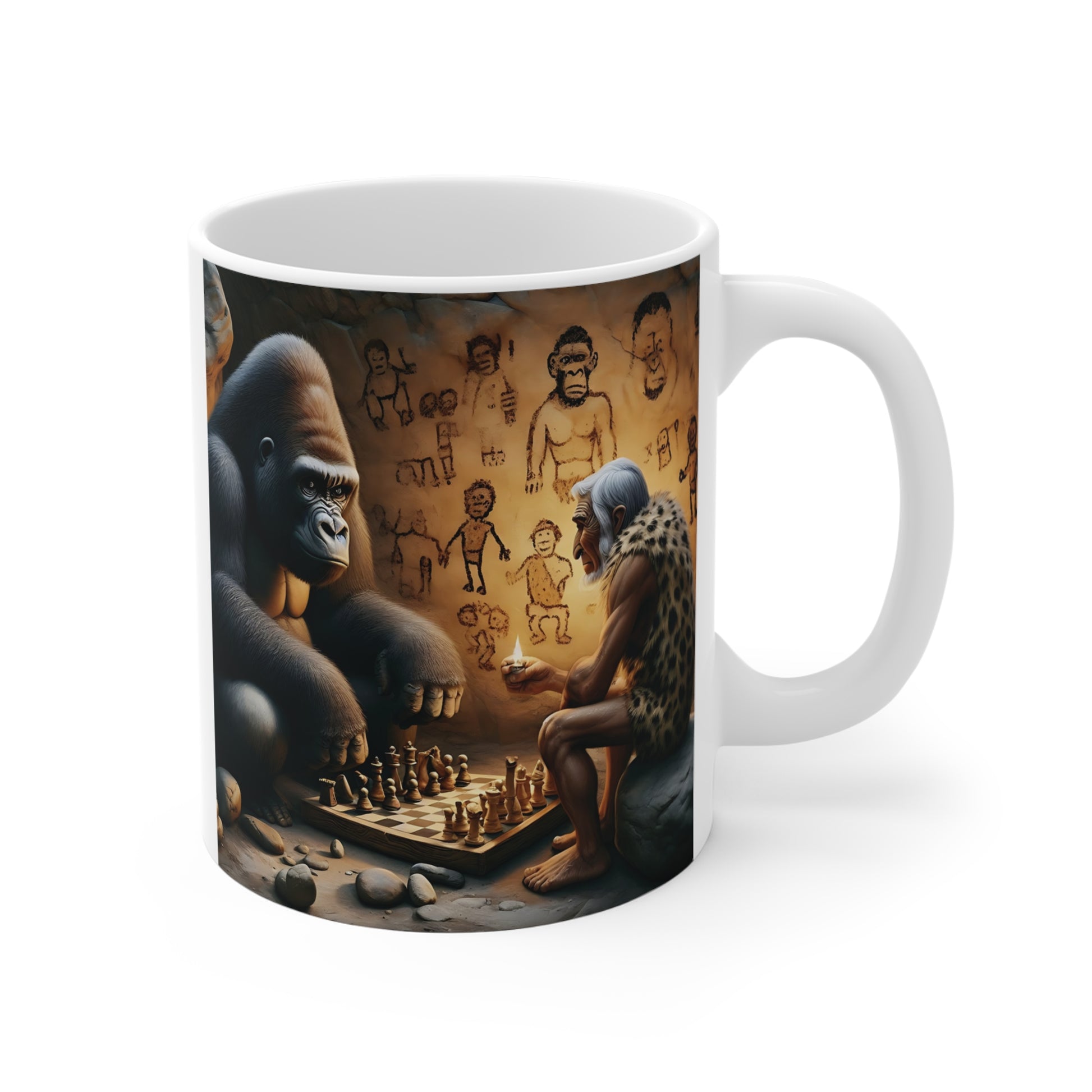 Gorilla and caveman playing chess in cave art scene on mug, creative evolution themed coffee cup design