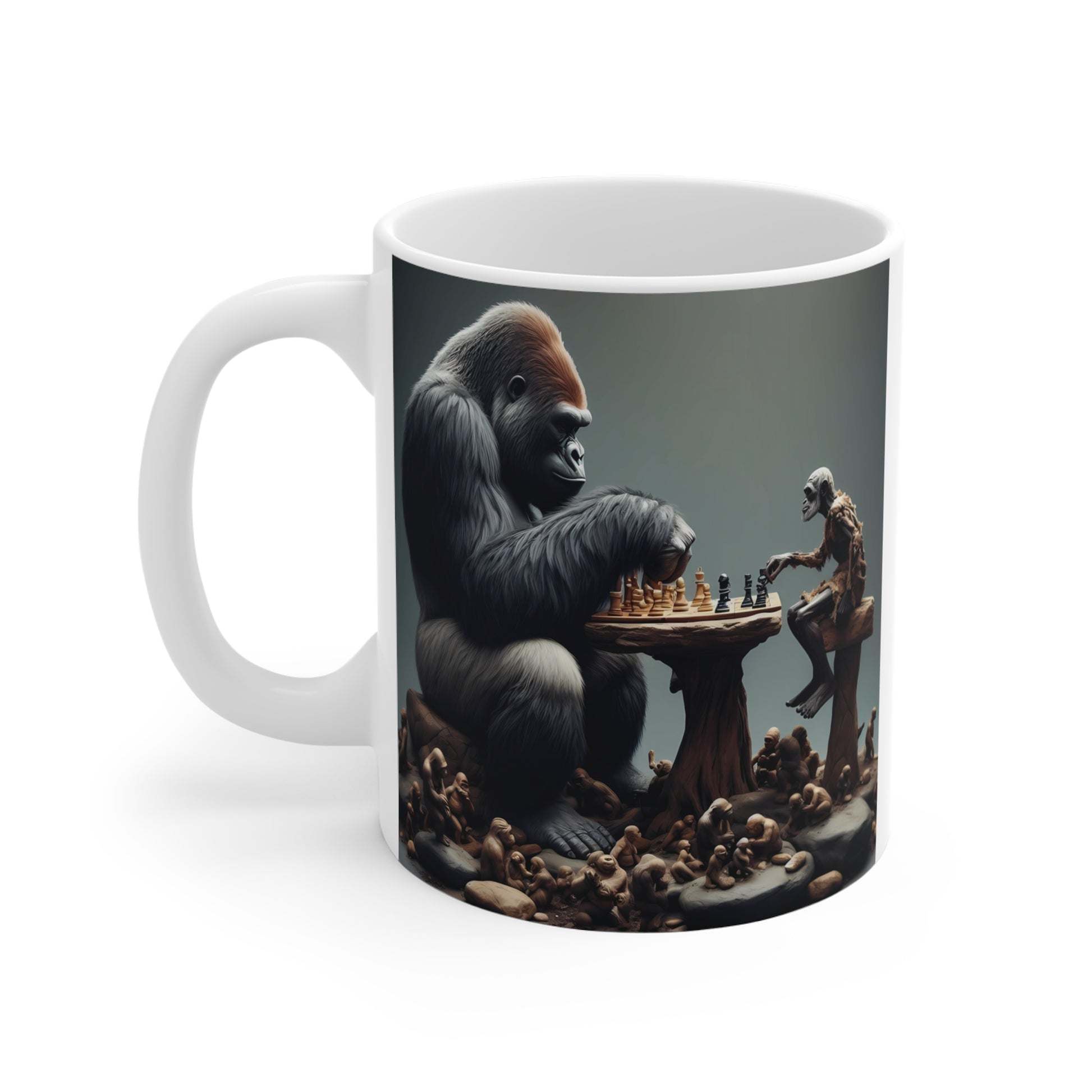Detailed gorilla chess scene with skeletal figure and tiny figures illustration on mug