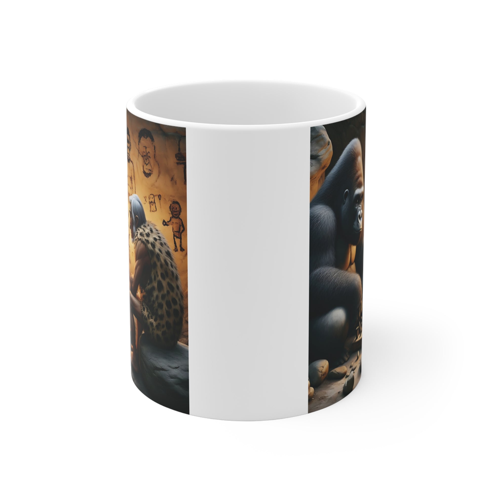 Unique monkey and prehistoric human chess game mug with ancient cave drawings, artistic animal evolution concept”