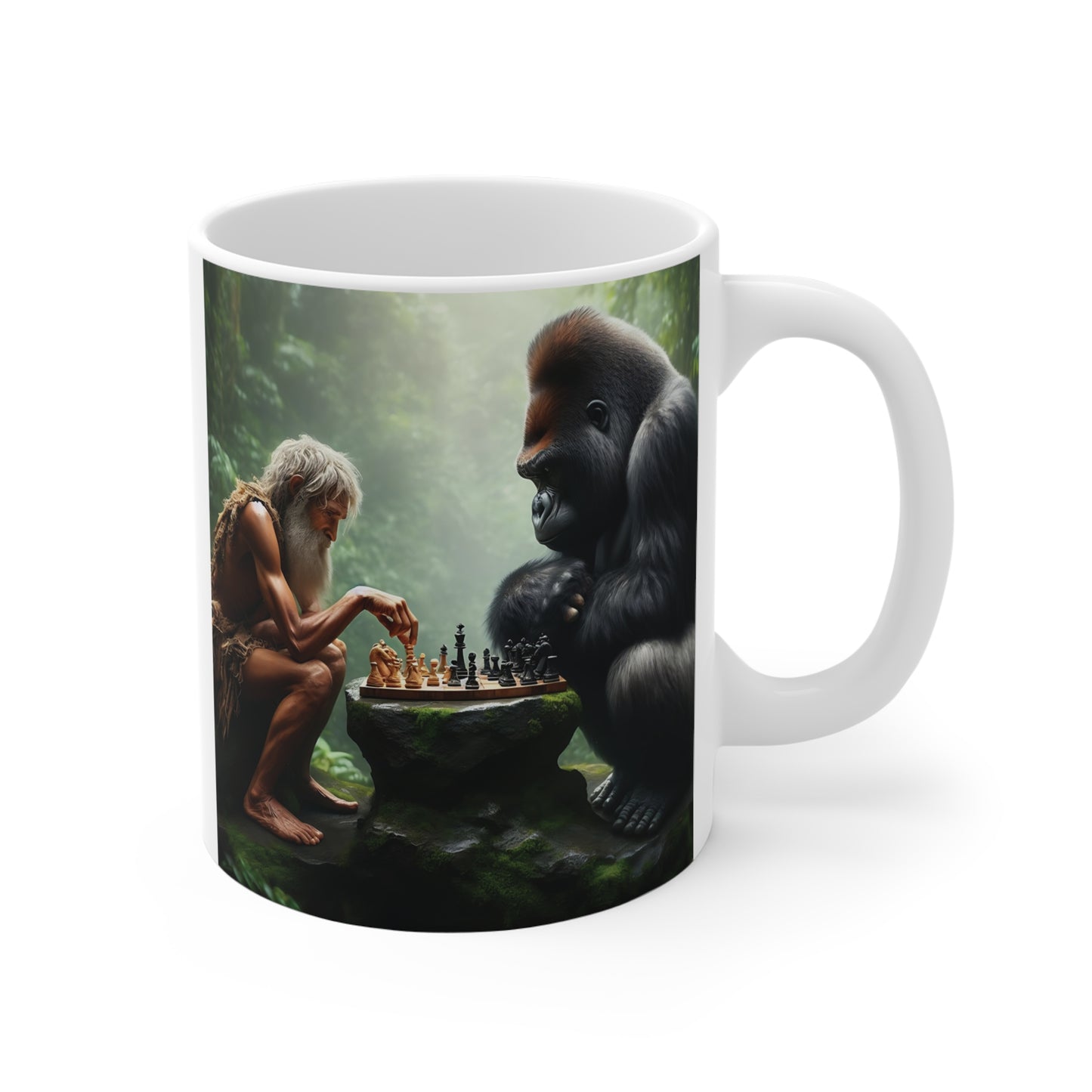 Fantasy chess mug featuring an elderly caveman playing chess with a giant gorilla in a mystical jungle setting on an 11oz ceramic coffee mug