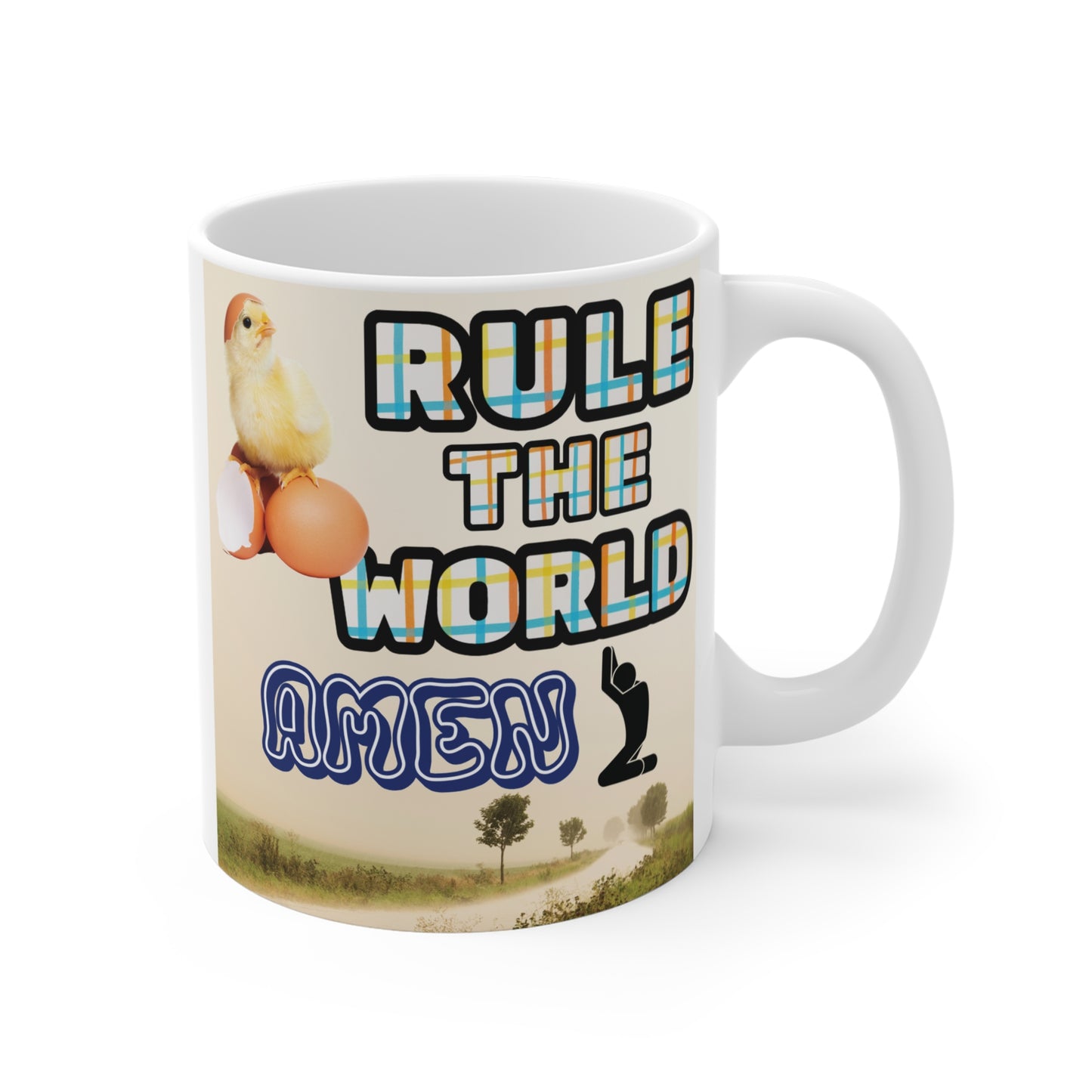 Inspirational Christian mug with colorful typography ‘Rule the World Amen’, chick illustration, and rural field scene