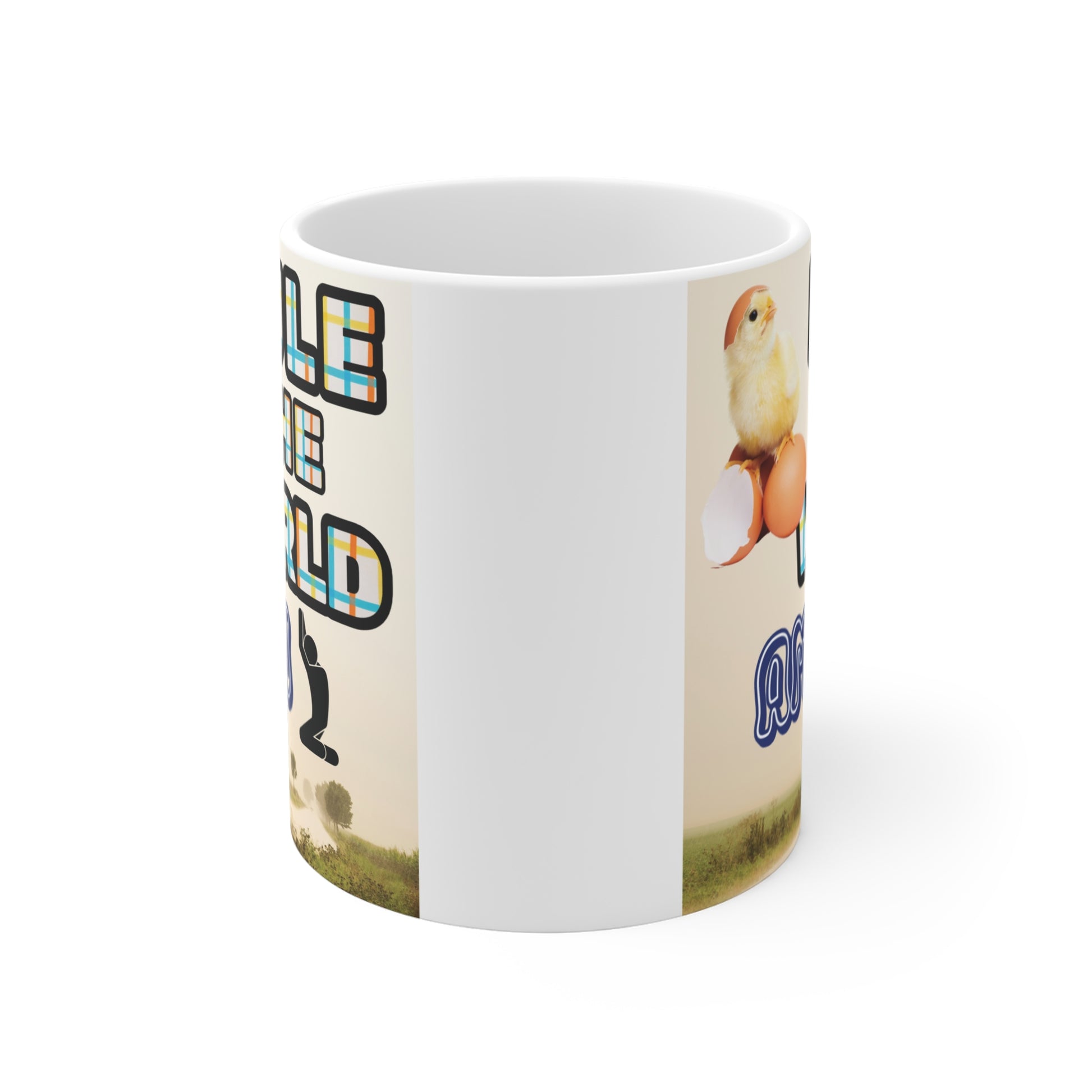 Religious coffee mug featuring cute baby chick on egg, bold ‘Rule the World Amen’ lettering, and peaceful nature landscape design