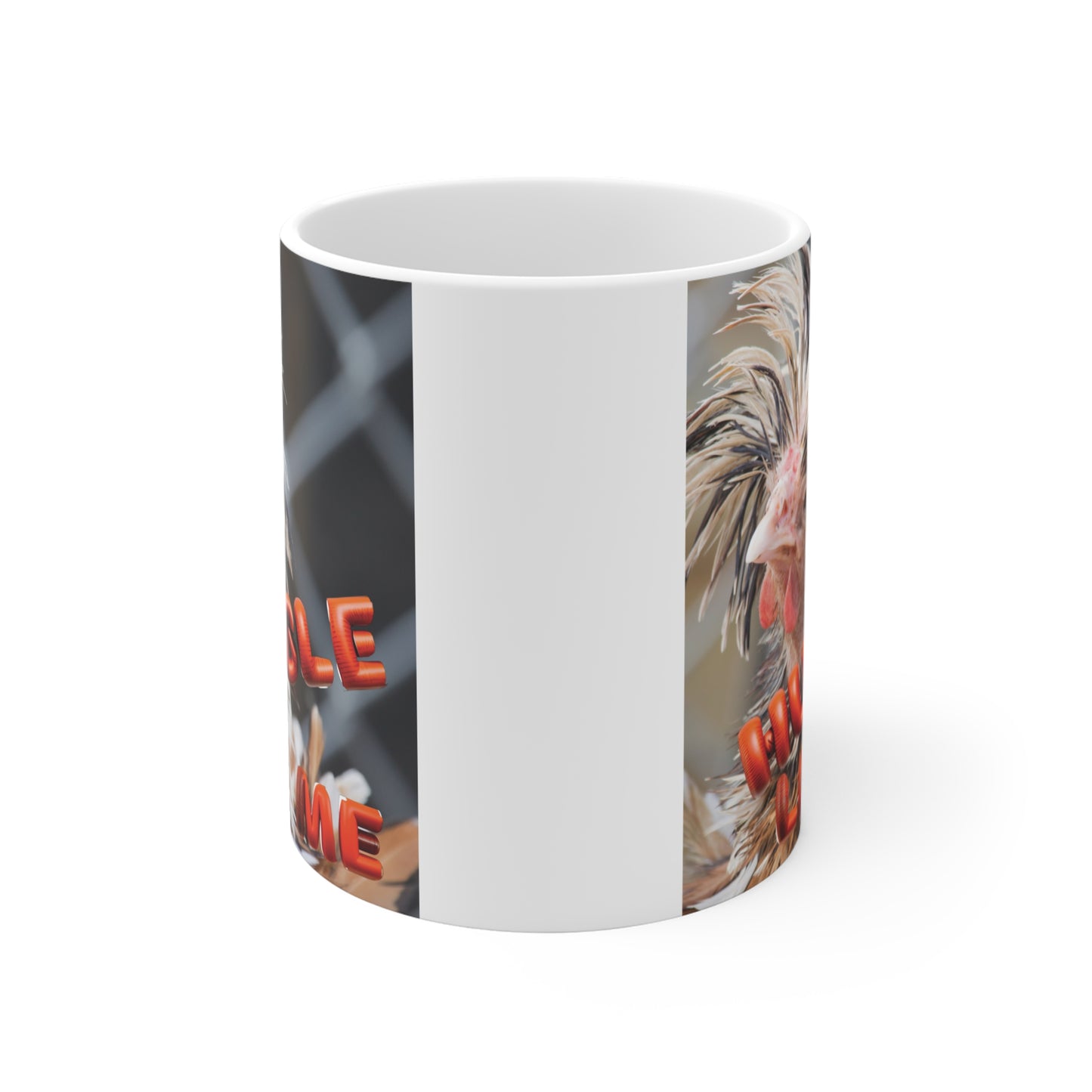 Comical rooster portrait mug with wild feathers and bold ‘Humble Like Me’ quote, quirky chicken lover gift