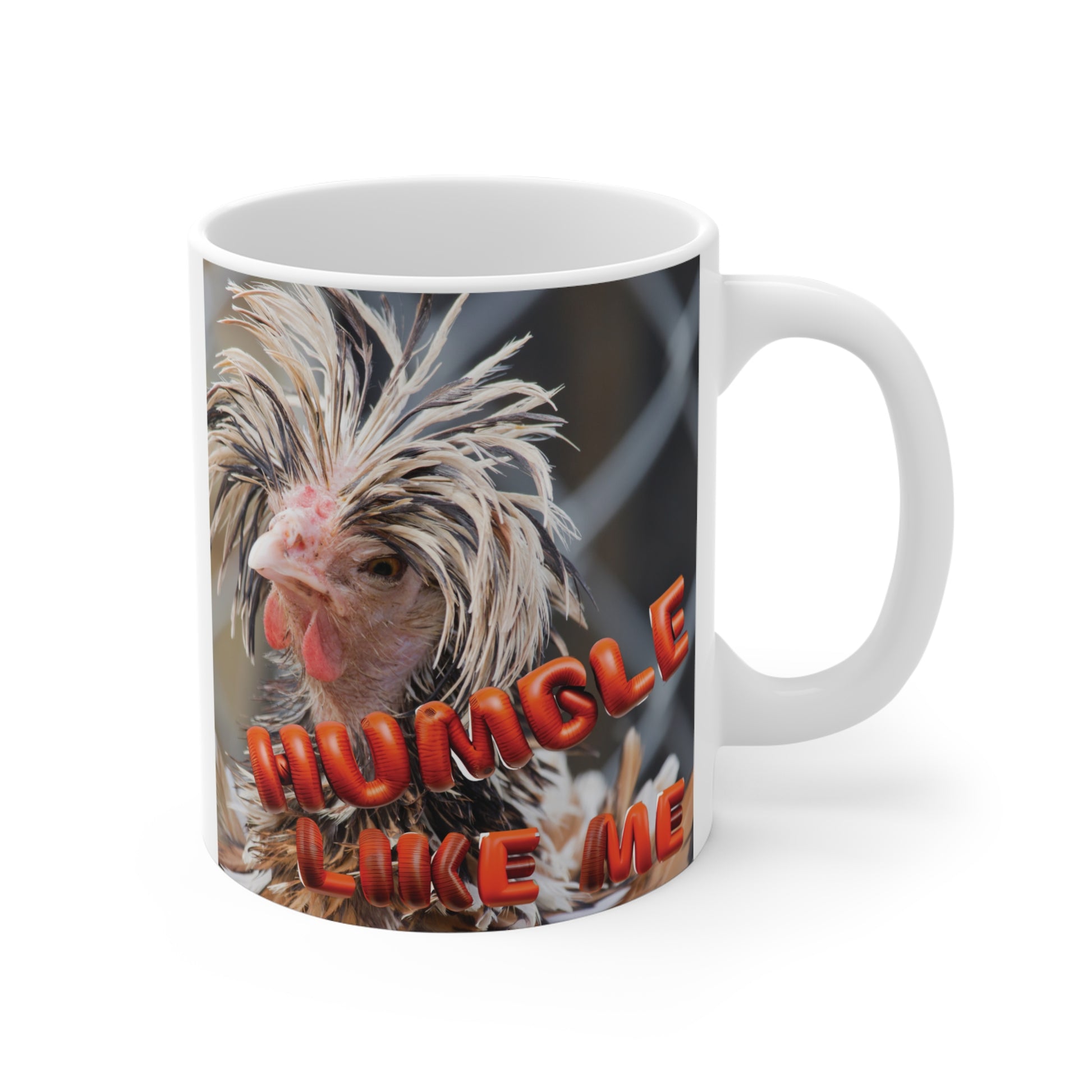 Funny chicken mug with messy hair rooster and ‘Humble Like Me’ text, humorous farm animal coffee mug design