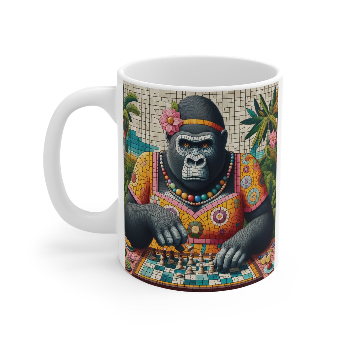 Decorative chimpanzee chess mug with stained-glass inspired mosaic illustration, colorful beads, flowers, and strategic game theme on a white ceramic mug.