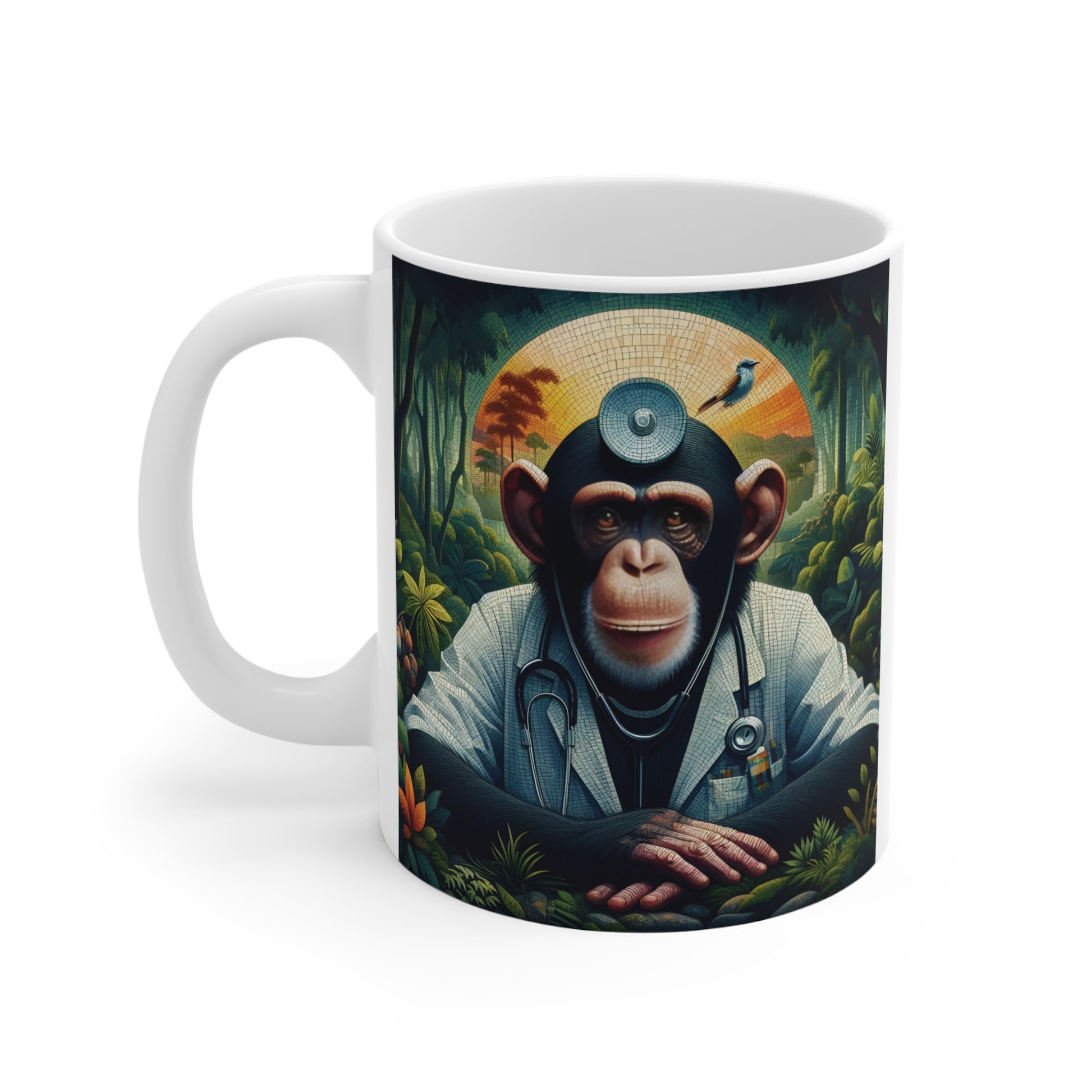 Decorative mug with a playful chimpanzee dressed as a doctor, featuring a stethoscope, forest background, and vibrant fantasy-style artwork.
