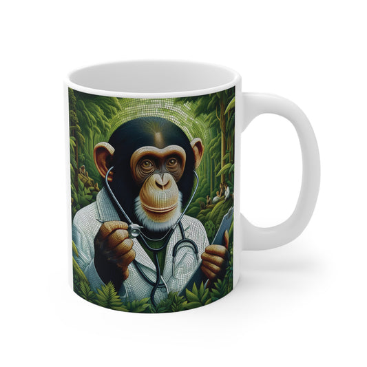 Ceramic coffee mug featuring a smiling chimpanzee doctor holding a stethoscope in a lush jungle background with detailed fantasy-style artwork.