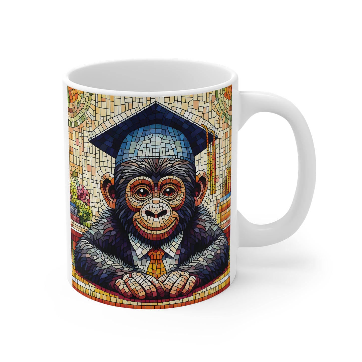 Cute chimpanzee graduation mug with stained glass mosaic art, colorful 11oz coffee cup gift for graduates, teachers and animal lovers