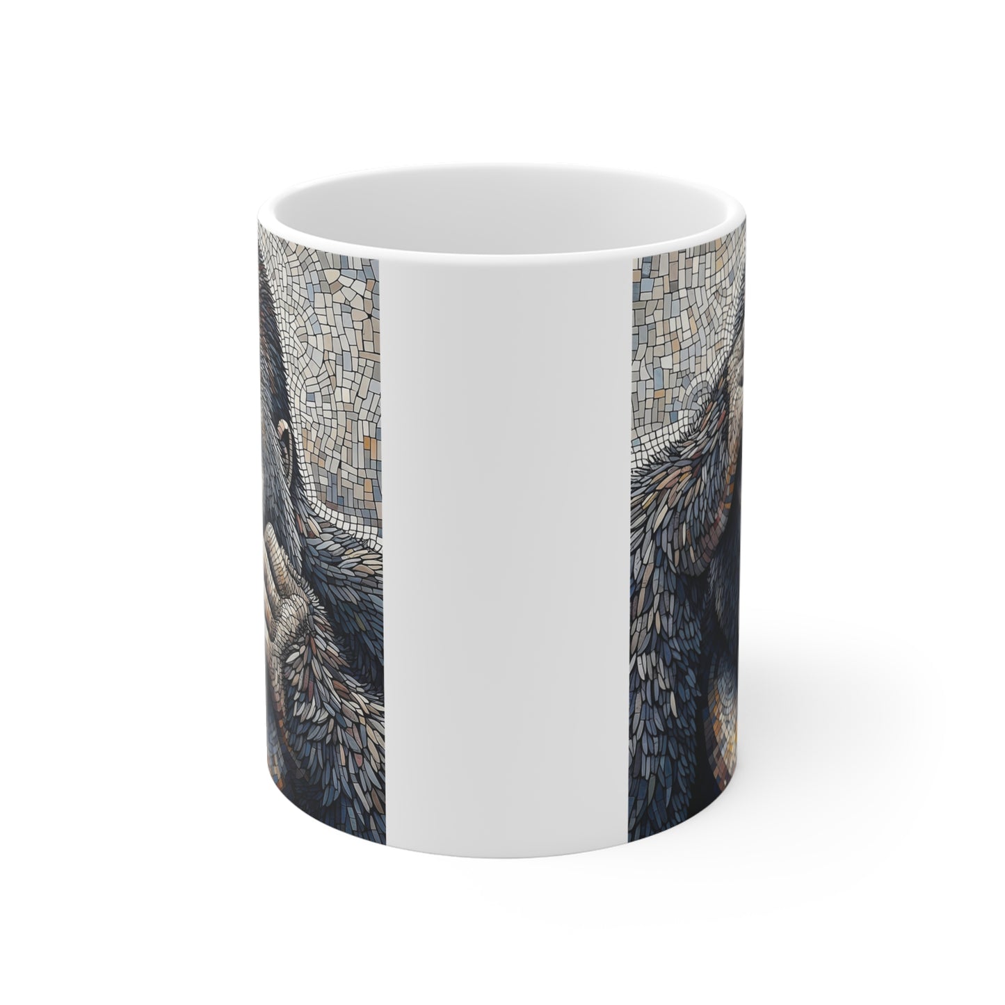 Artistic gorilla mug with intricate mosaic artwork, showcasing a realistic primate face in earthy tones, perfect for animal lovers and unique gift ideas.