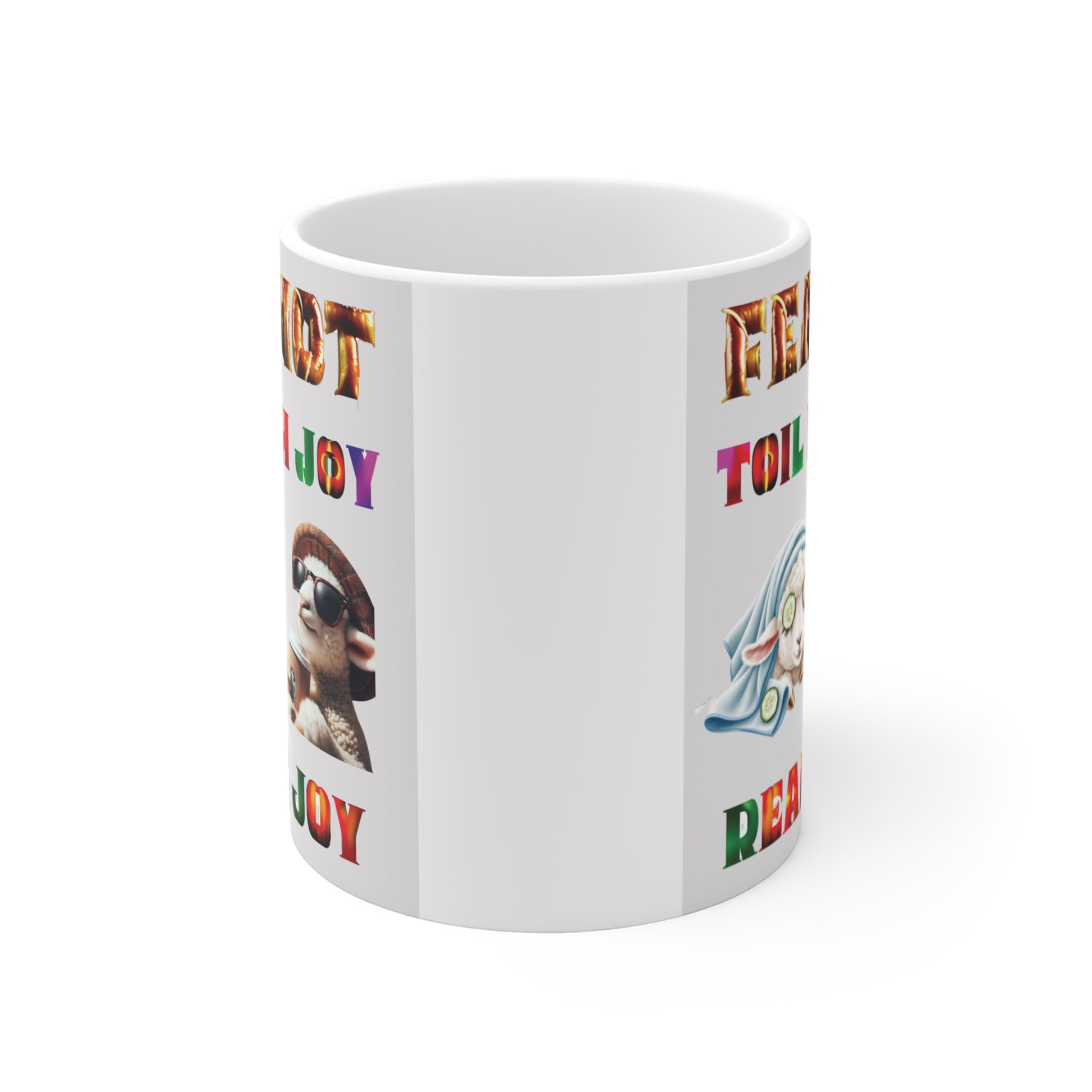 Humorous faith-based coffee mug featuring relaxing sheep characters, colorful text, and inspirational Bible-style message