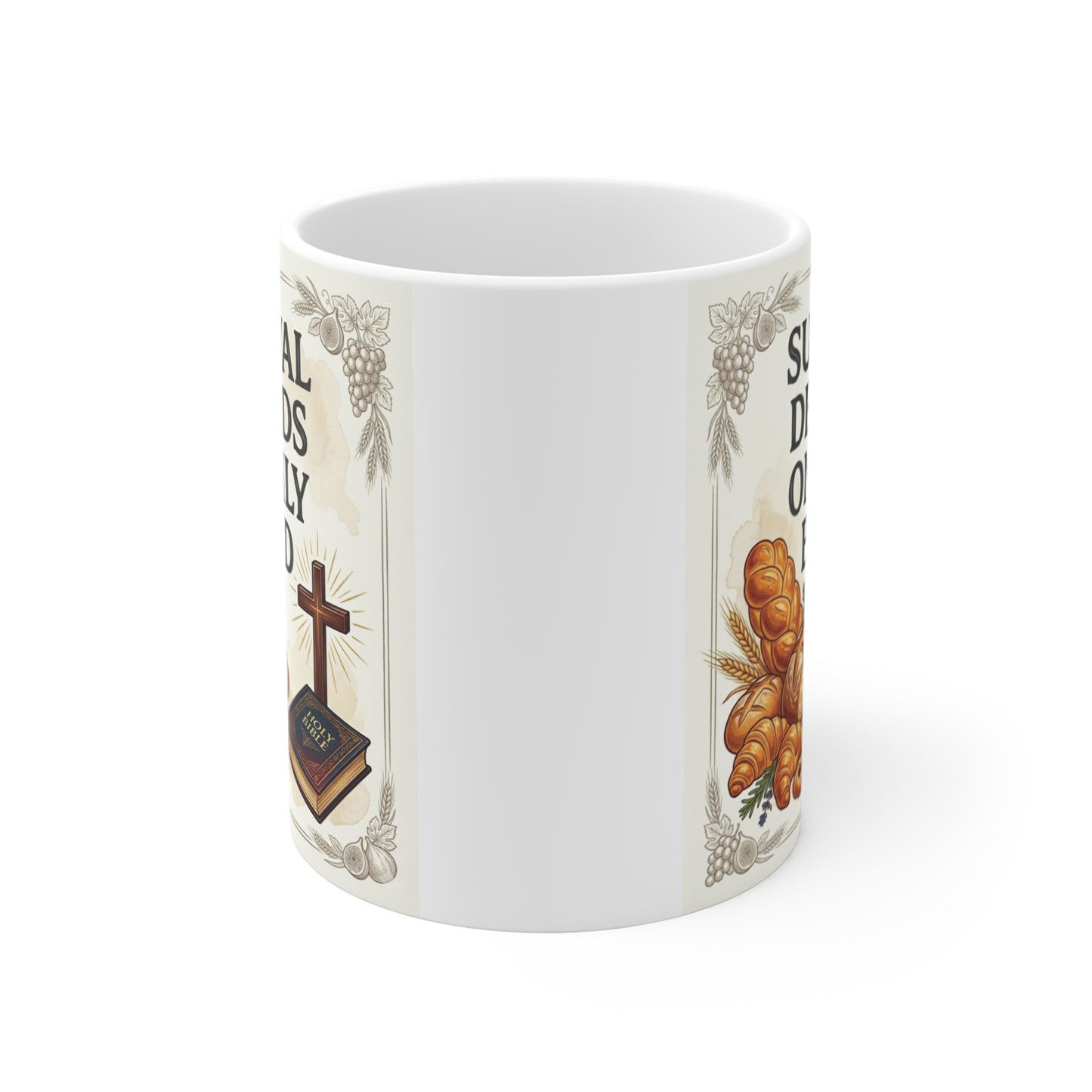 Religious mug design with Bible verse theme, daily bread illustration, wheat, cross, and Holy Bible artwork on white ceramic mug