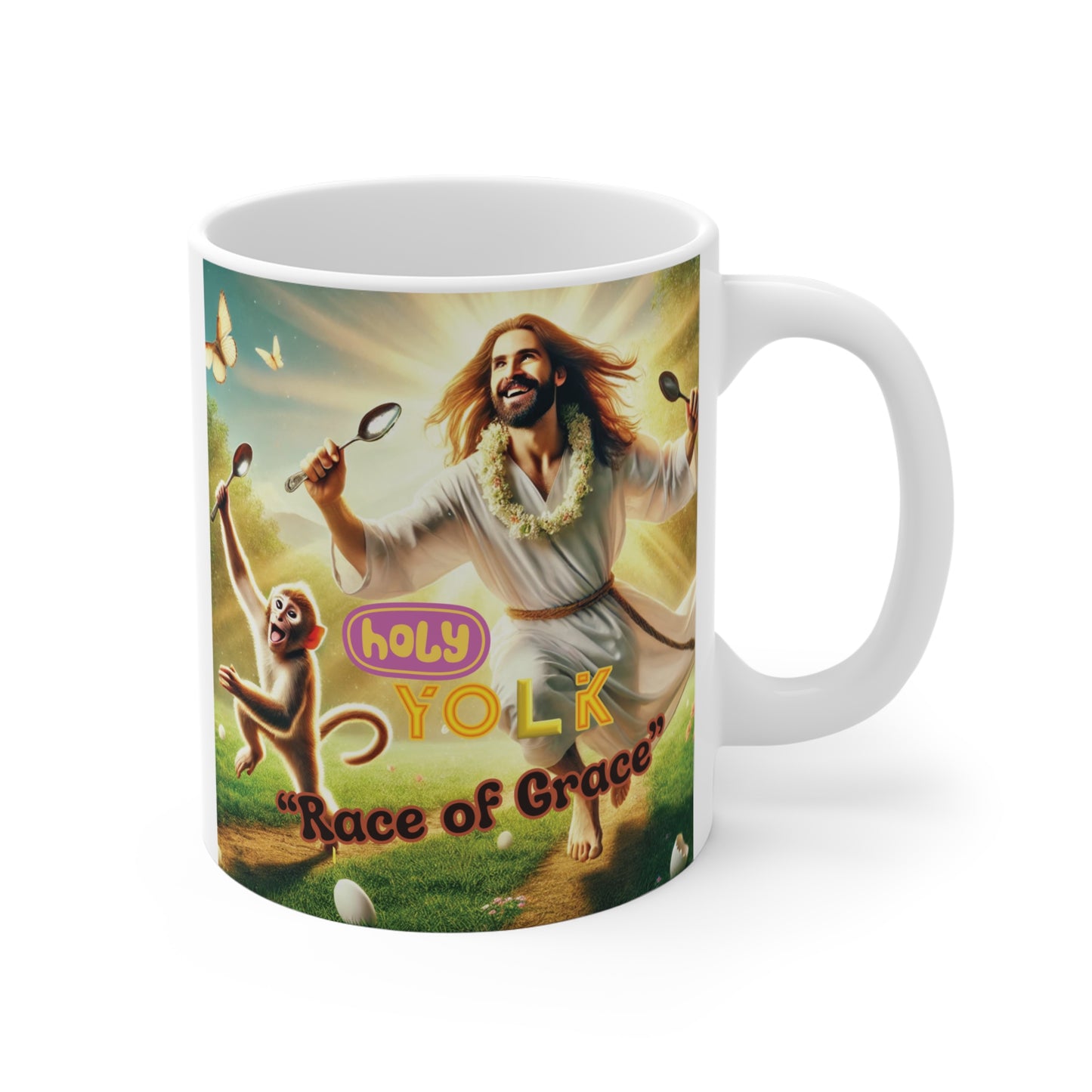 Funny Holy Yolks mug with Jesus running holding spoons and monkey companion, ‘Race of Grace’ pun design