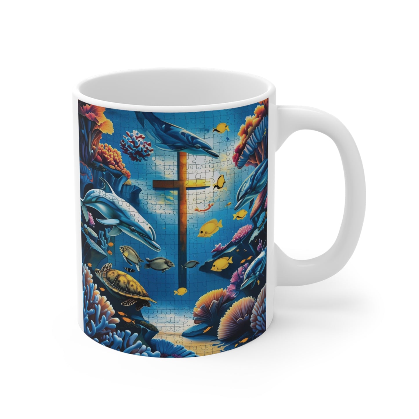 11oz Christian coffee mug with underwater ocean scene and glowing cross surrounded by colorful fish and coral reef artwork