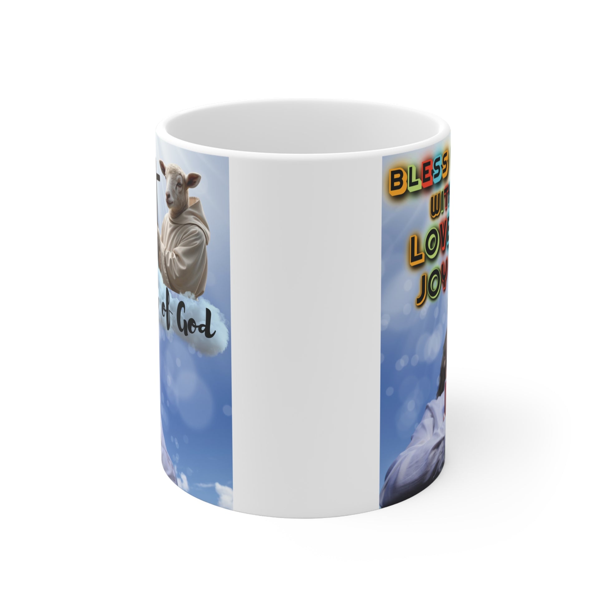 Spiritual mug with Bible, praying figure, and Lamb of God design, inspirational faith gift for believers