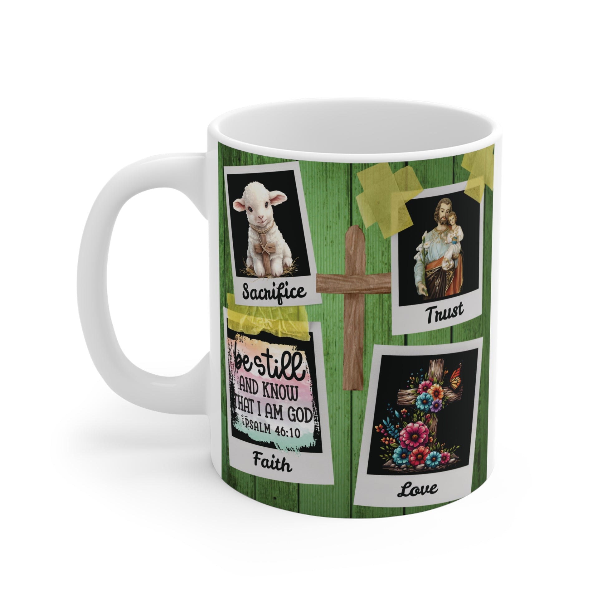 Religious coffee mugs featuring Bible verse, cross and symbols of sacrifice, innocence and heavenly faith