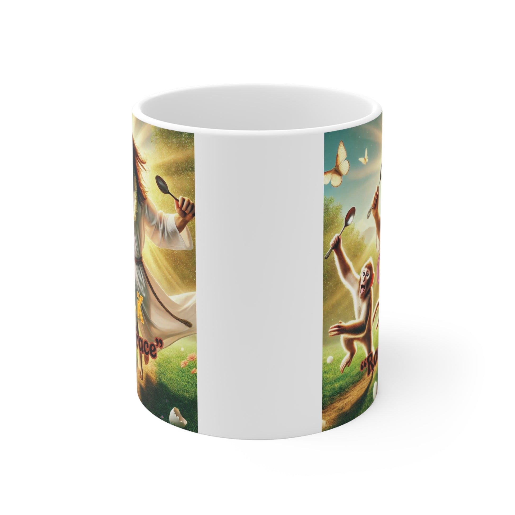 Humorous Christian Easter mug featuring Jesus jogging with spoons, playful ‘Holy Yolks Race of Grace’ quote and bright background