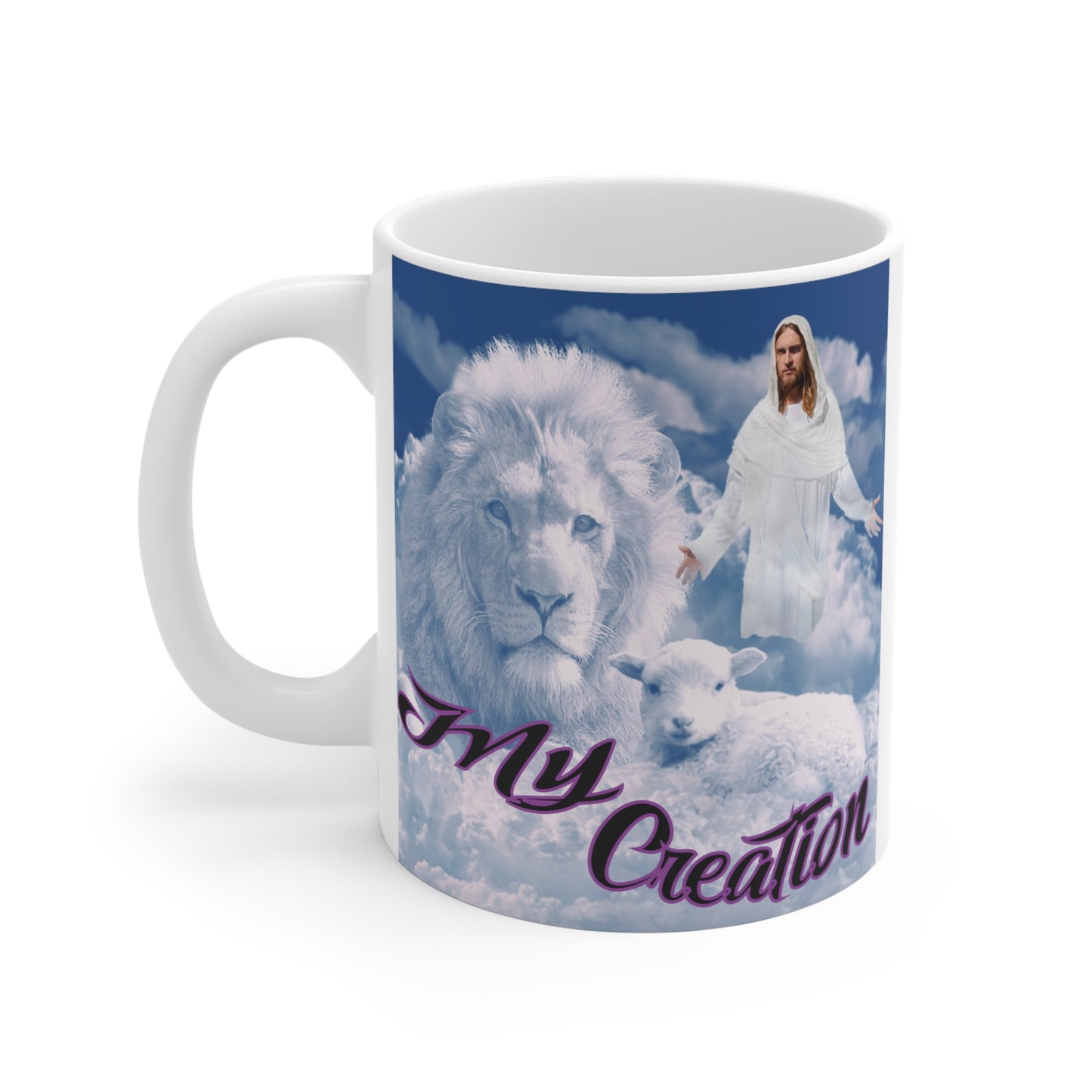 Christian mug with Jesus in clouds, lion and lamb illustration, and “My Creation” faith-based design