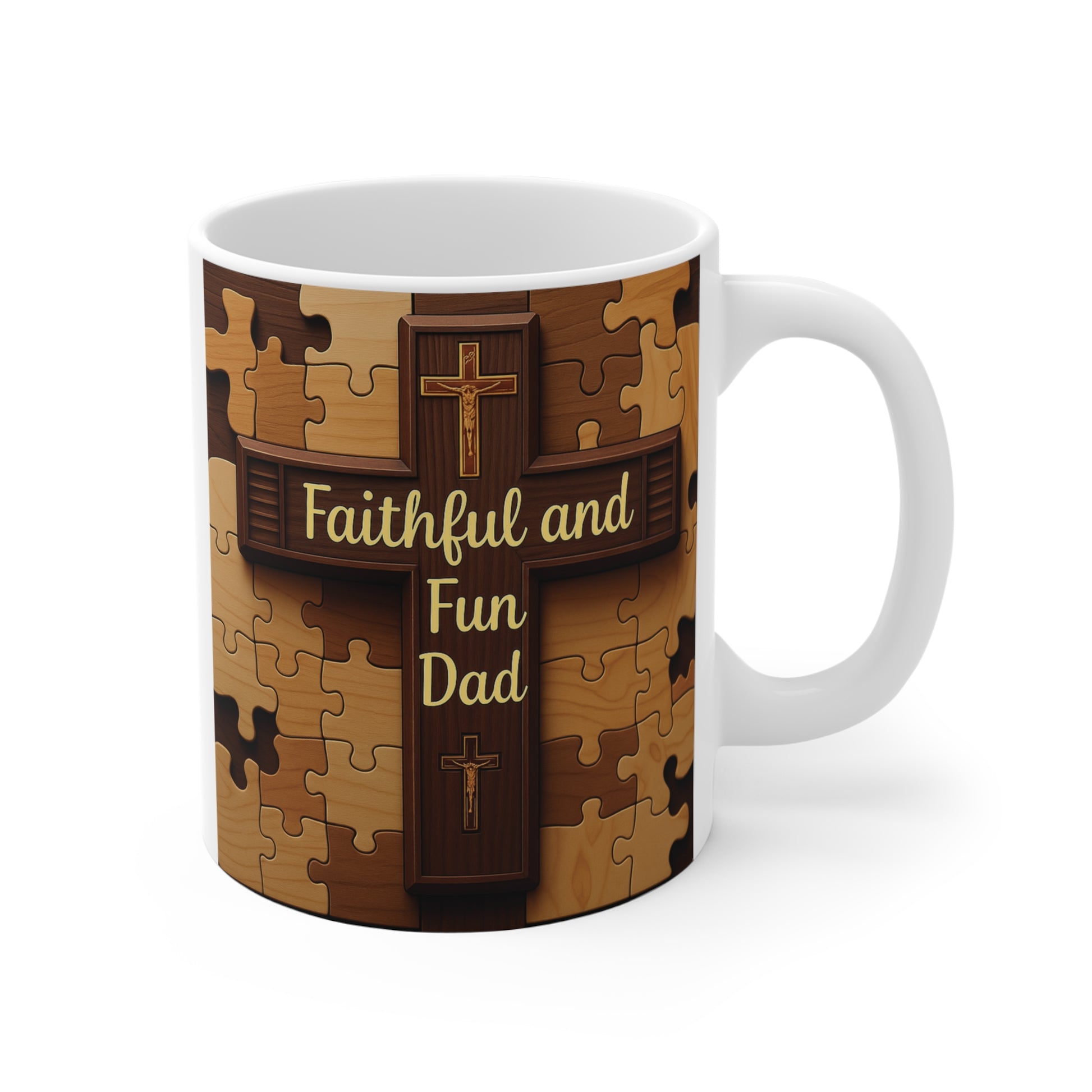 Faithful and Fun Dad Christian coffee mug with wooden cross and puzzle background