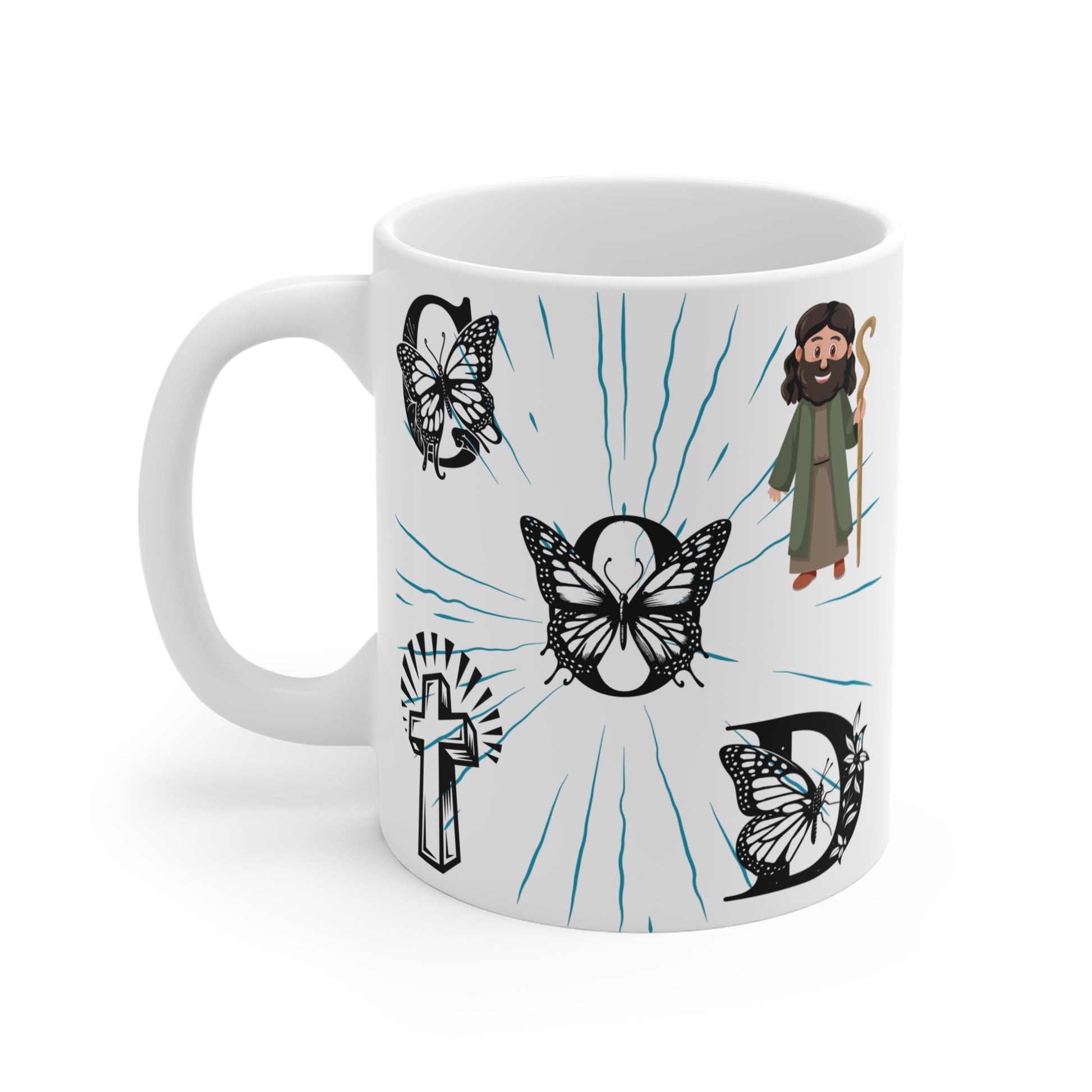 Christian butterfly mug with cross and Jesus illustration, spiritual transformation and faith design