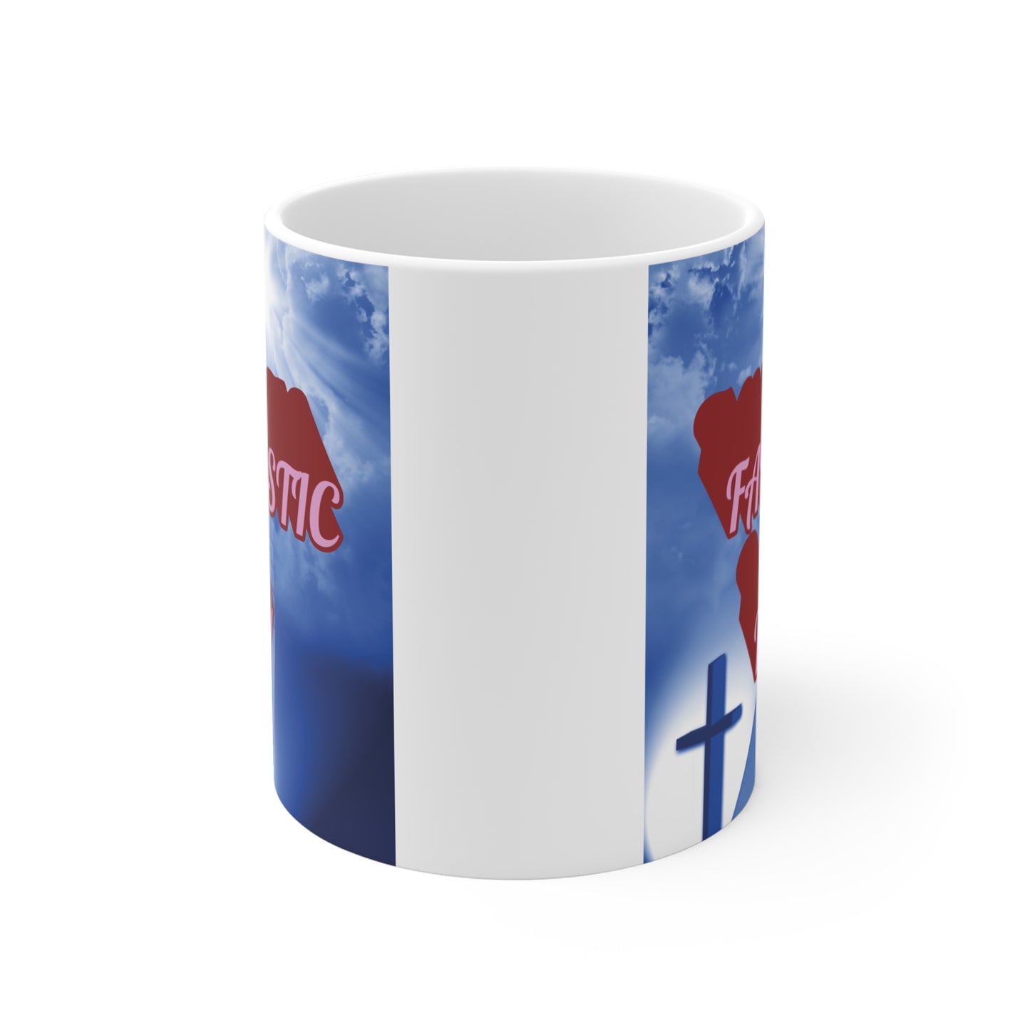 Religious gift mug with blue sky, glowing light, cross symbol, and uplifting ‘Have a Fantastic Day’ design