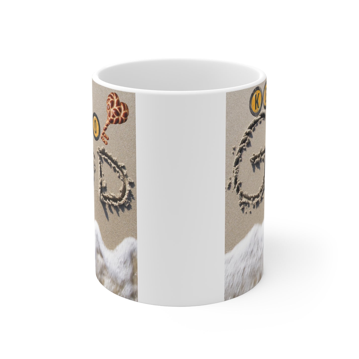 Faith-based coffee mug featuring sandy shore, seashell key illustration, and inspirational “Key to God” quote