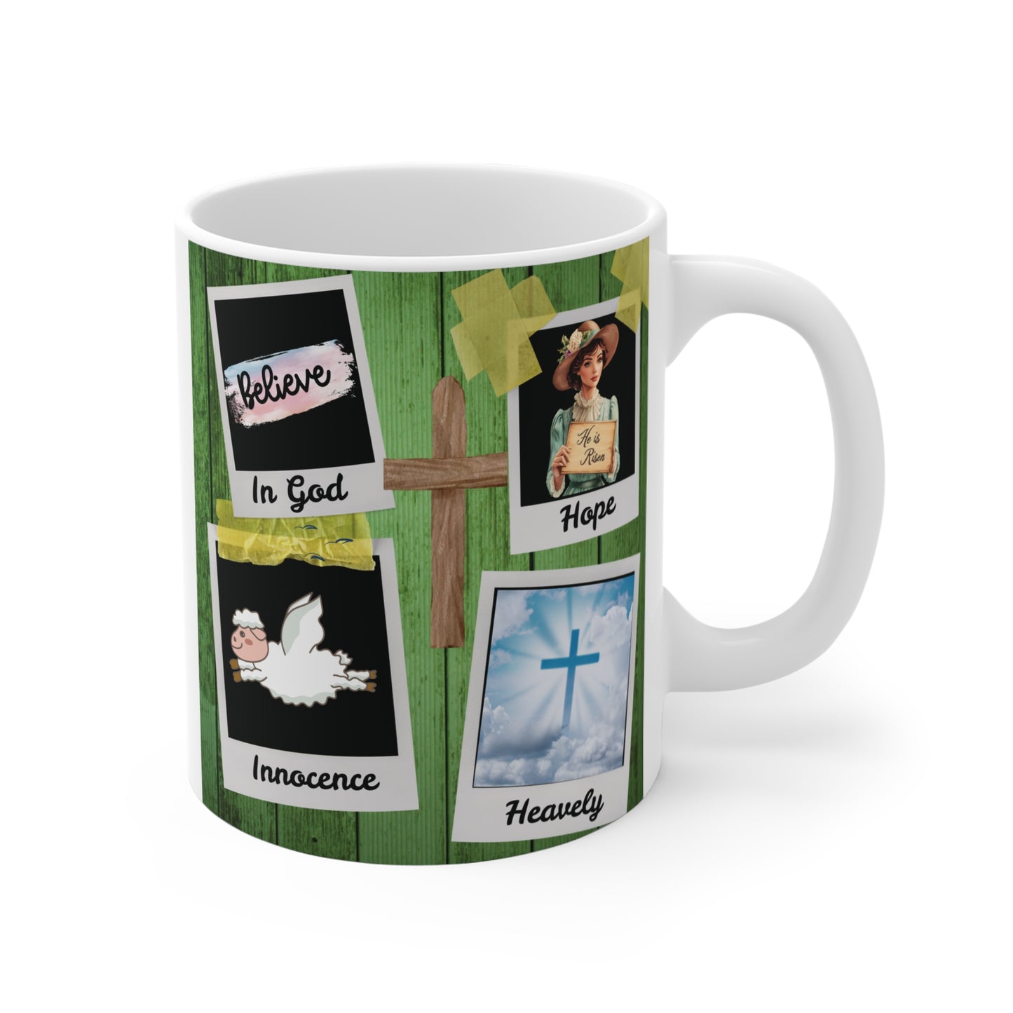 Spiritual mug design with Christian themes, polaroid-style images and words faith, love, hope and trust