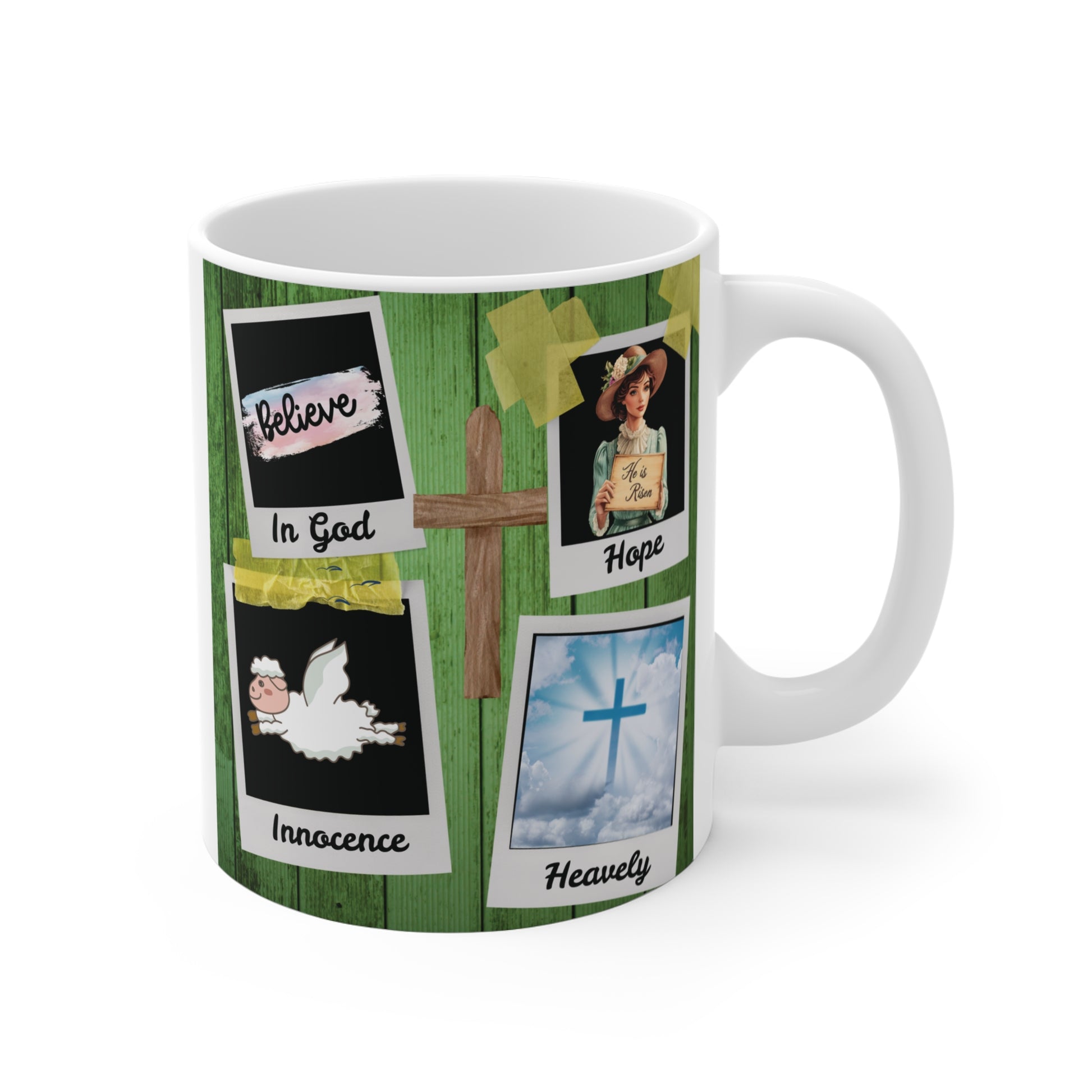 Spiritual mug design with Christian themes, polaroid-style images and words faith, love, hope and trust