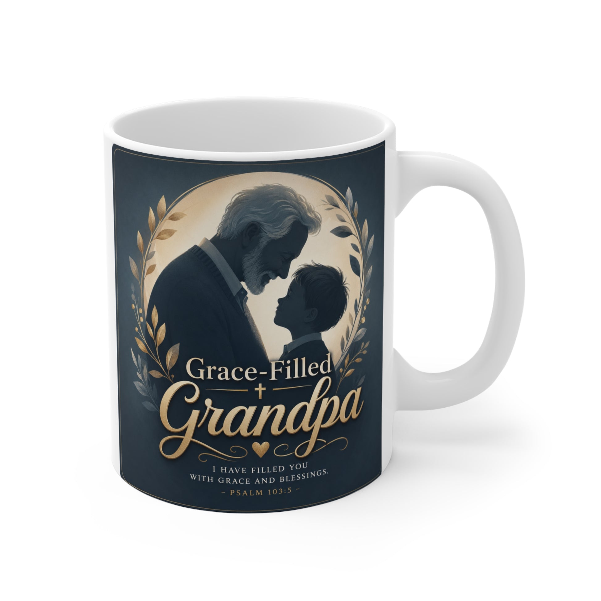 Grace-Filled Grandpa 11oz coffee mug featuring a grandfather and grandchild silhouette with elegant faith-inspired artwork and Christian gift design.
