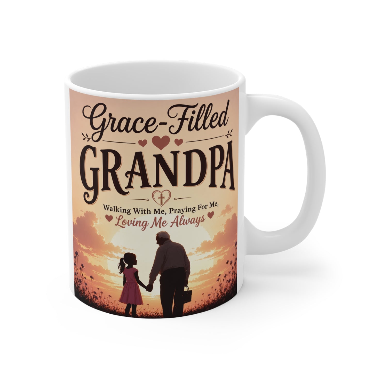 Grace-Filled Grandpa 11oz coffee mug featuring grandfather and granddaughter silhouette at sunset with inspirational Christian message and heart design.