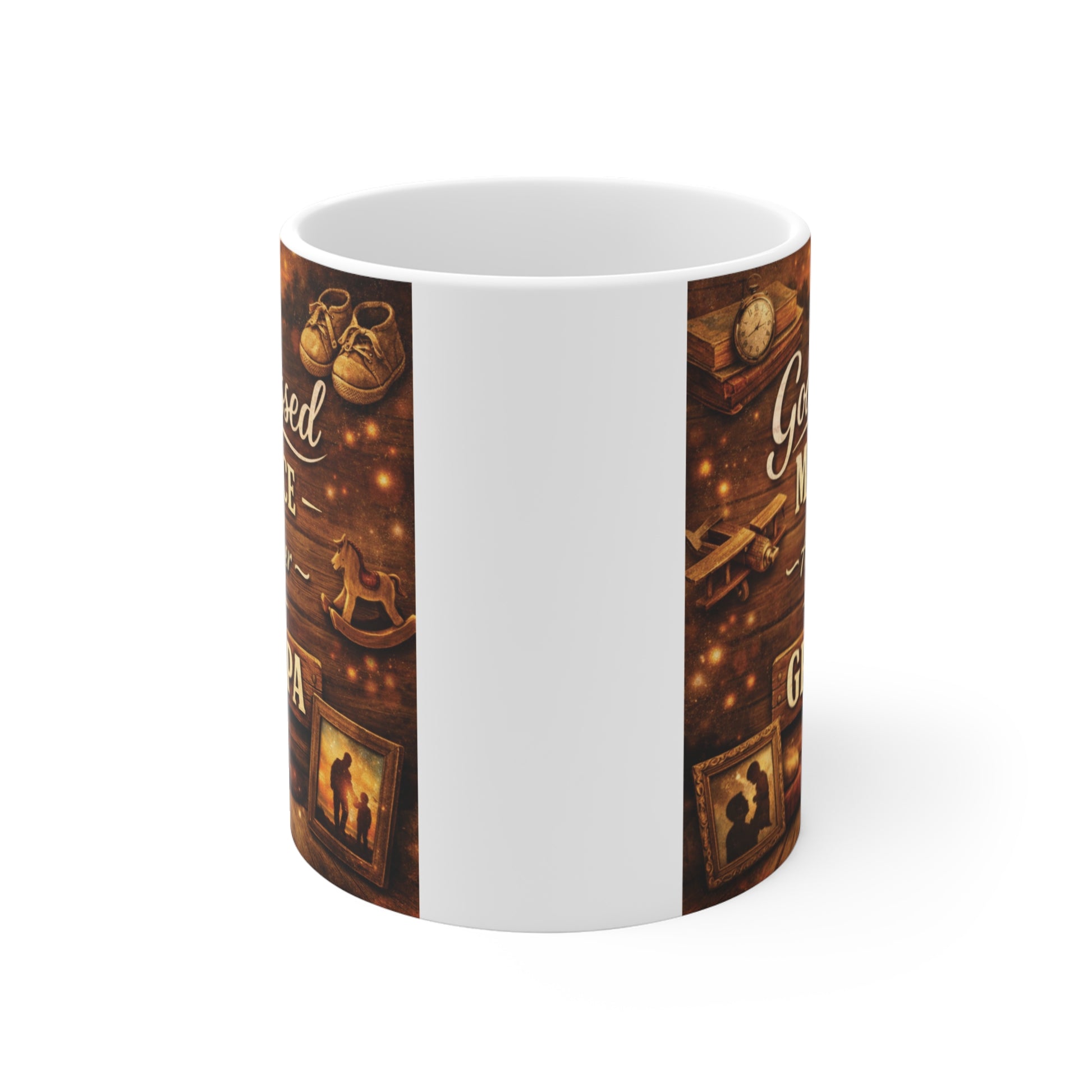 Rustic faith-based grandpa coffee mug featuring cross accents and inspirational family message for Christian grandfathers.