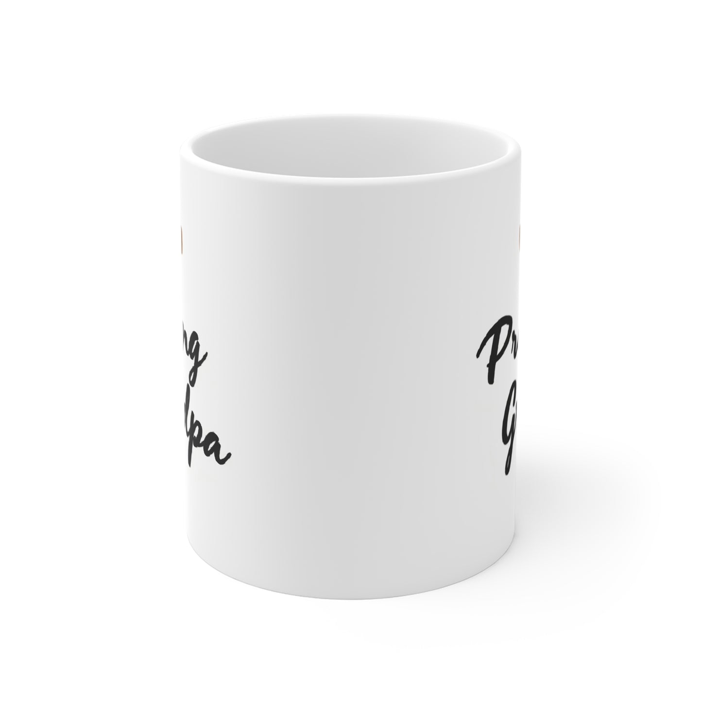 Christian grandpa coffee mug featuring praying grandpa quote and brown cross on white ceramic cup